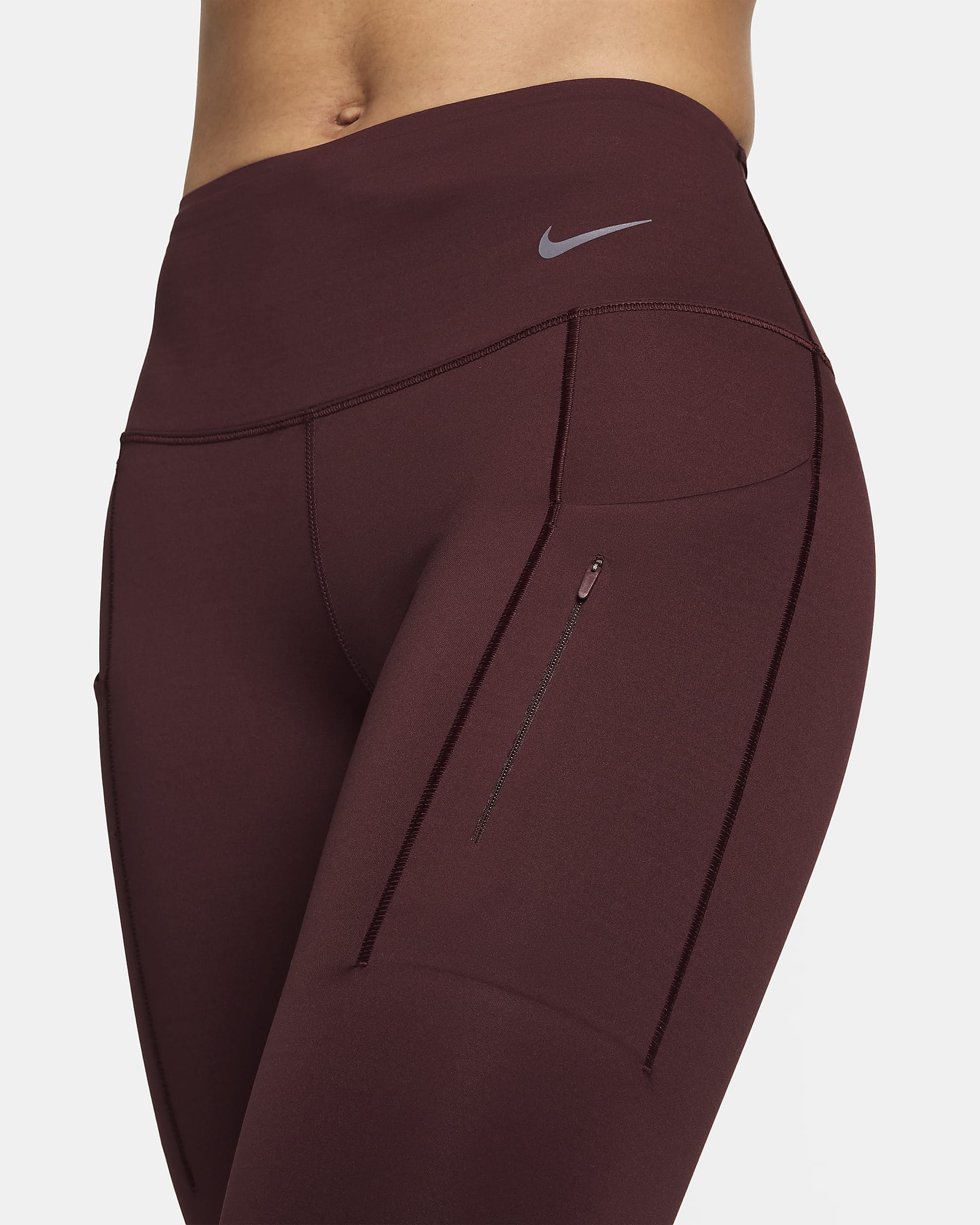 Hellånga leggings med fast stöd, medelhög midja och fickor Nike Go för kvinnor - Burgundy Crush/Svart