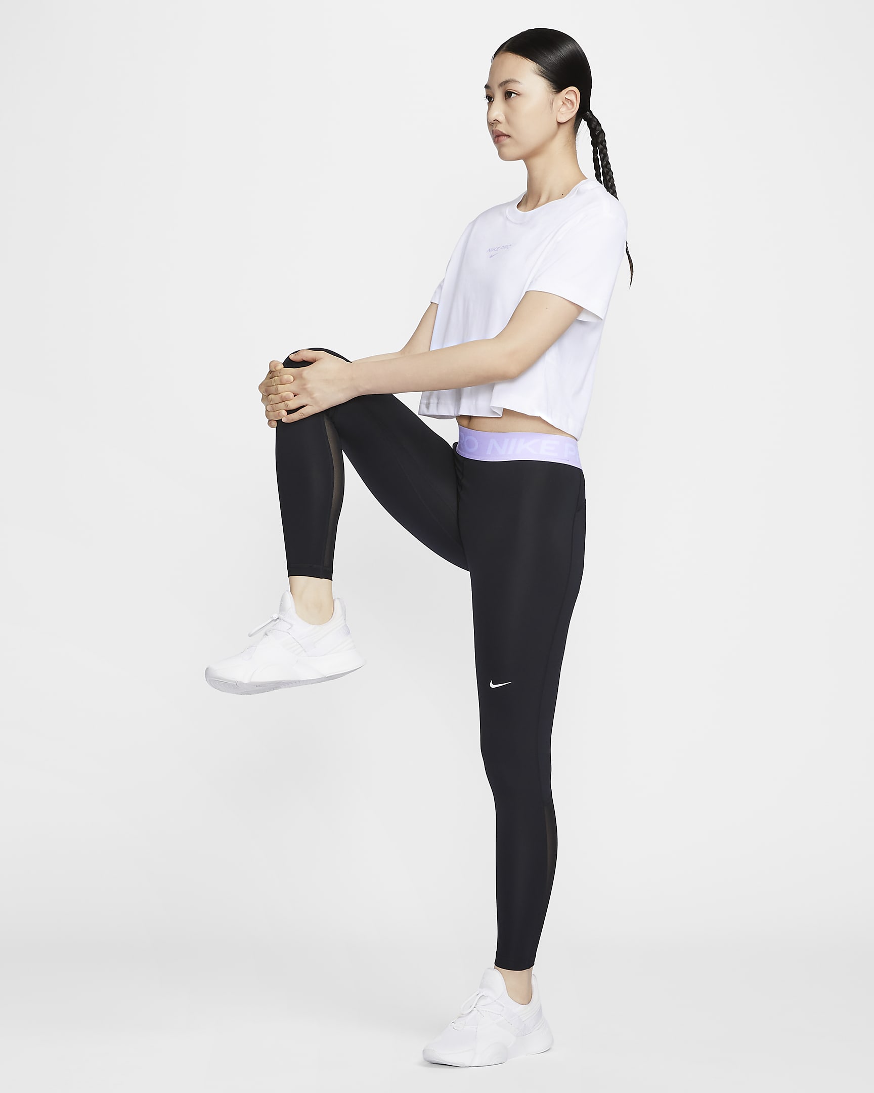 Nike Pro Women's Mid-Rise Leggings - Black/Lilac Bloom/White