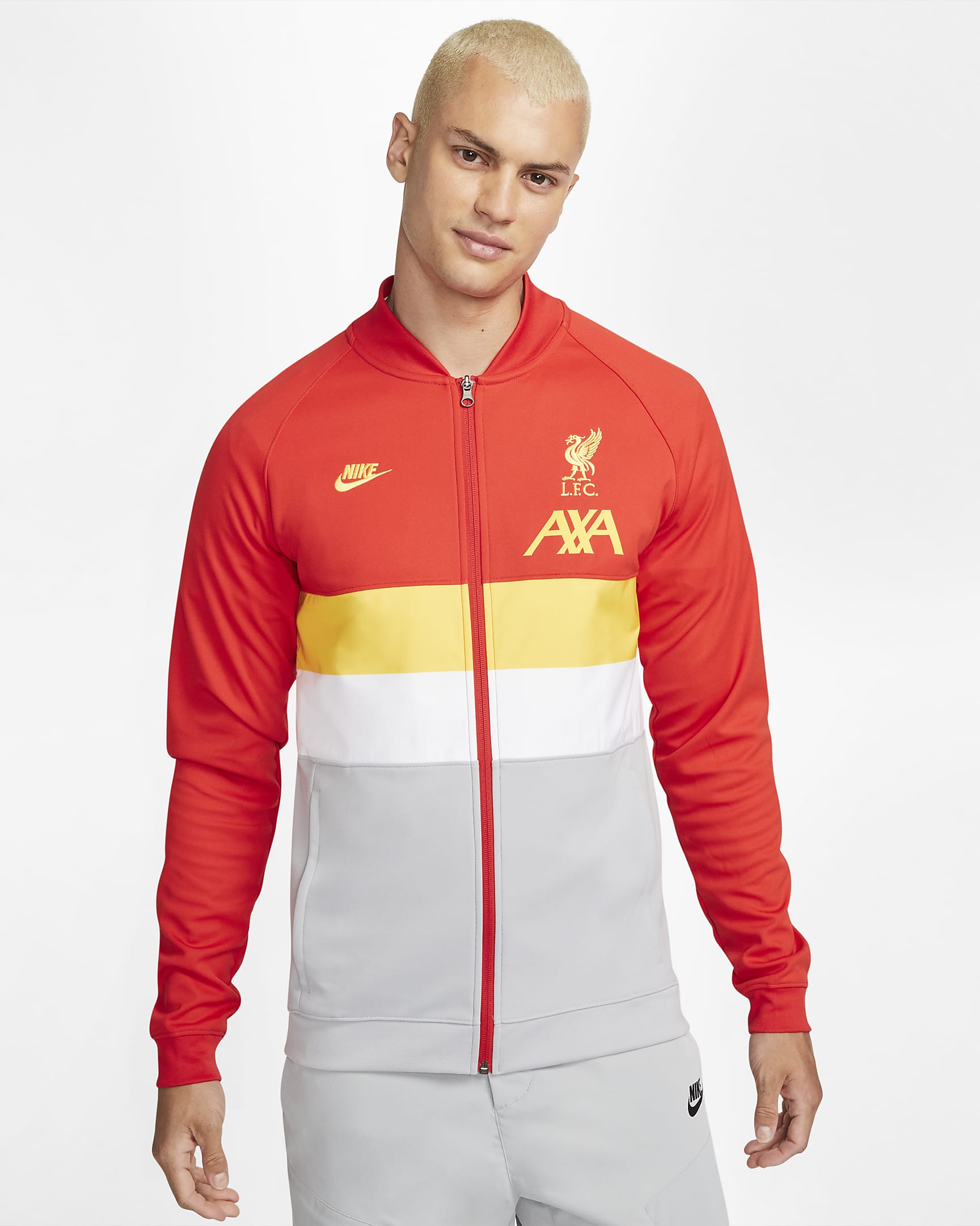 Chamarra de fútbol de cierre completo para hombre Liverpool FC - Rojo enérgico/Gris lobo/Amarillo cromo
