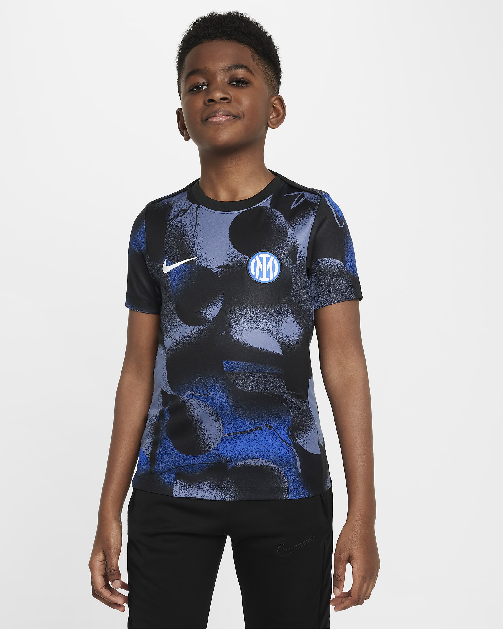 Inter Milan Academy Pro Older Kids' Nike Dri-FIT Football Short-Sleeve Pre-Match Top - Black/Black/Diffused Blue/White