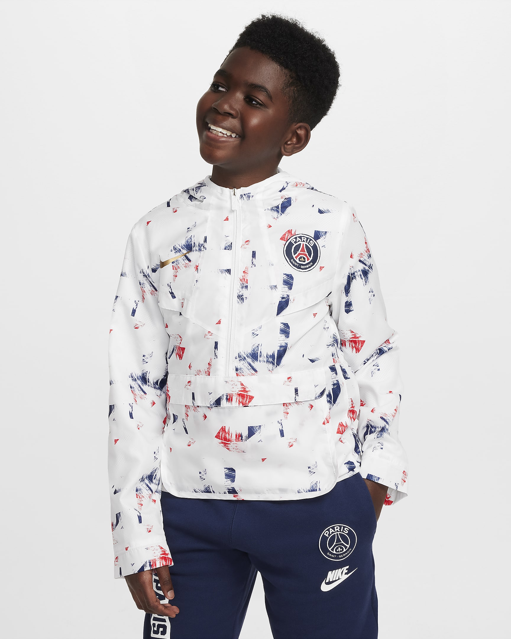 Paris Saint-Germain Amplify Windrunner Older Kids' (Boys') Nike Football Anorak Jacket - White/White/Metallic Gold