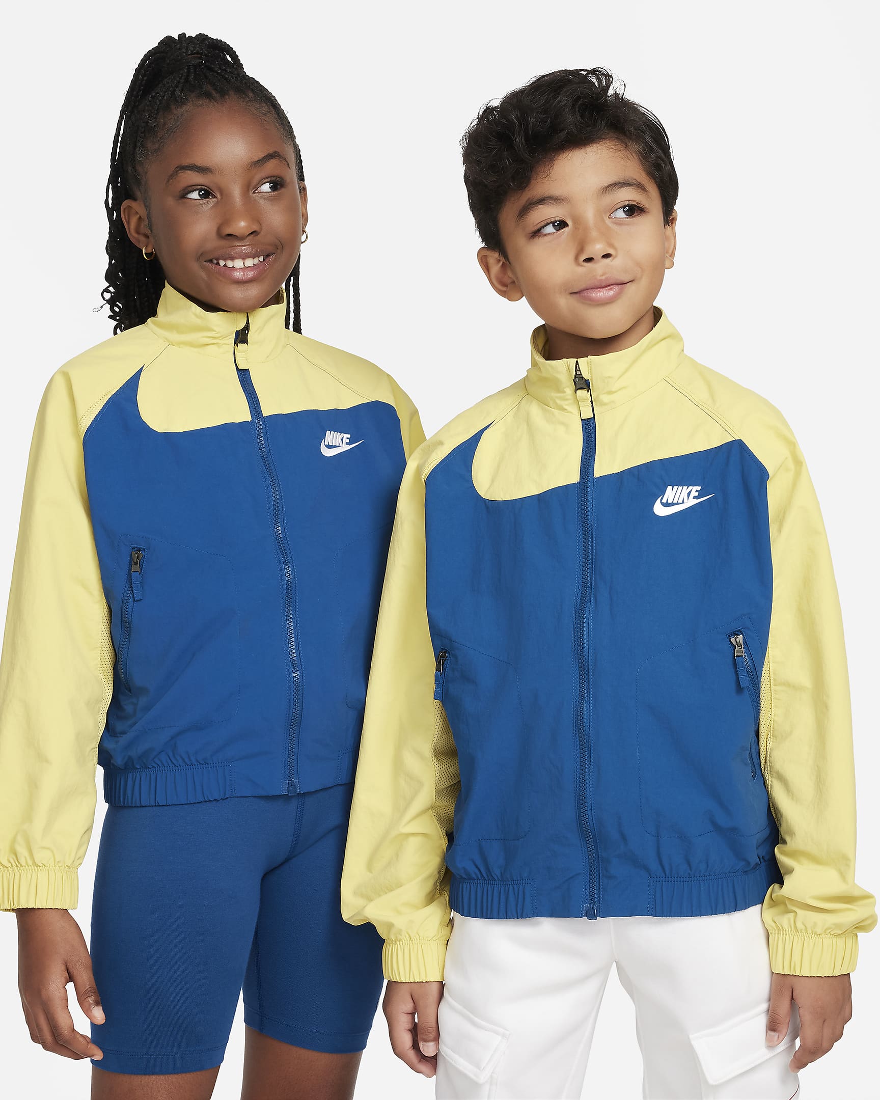 Nike Sportswear Amplify Big Kids' Woven Full-Zip Jacket - Court Blue/Saturn Gold/White