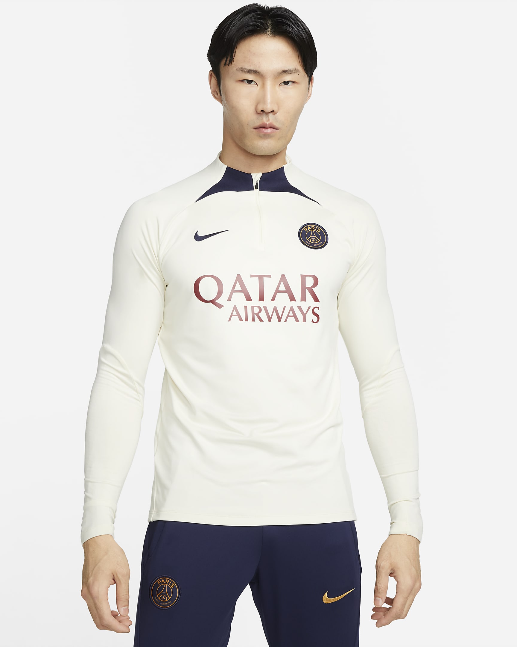 Paris Saint-Germain Strike Men's Nike Dri-FIT Soccer Drill Top - Coconut Milk/Coconut Milk/Blackened Blue/Blackened Blue