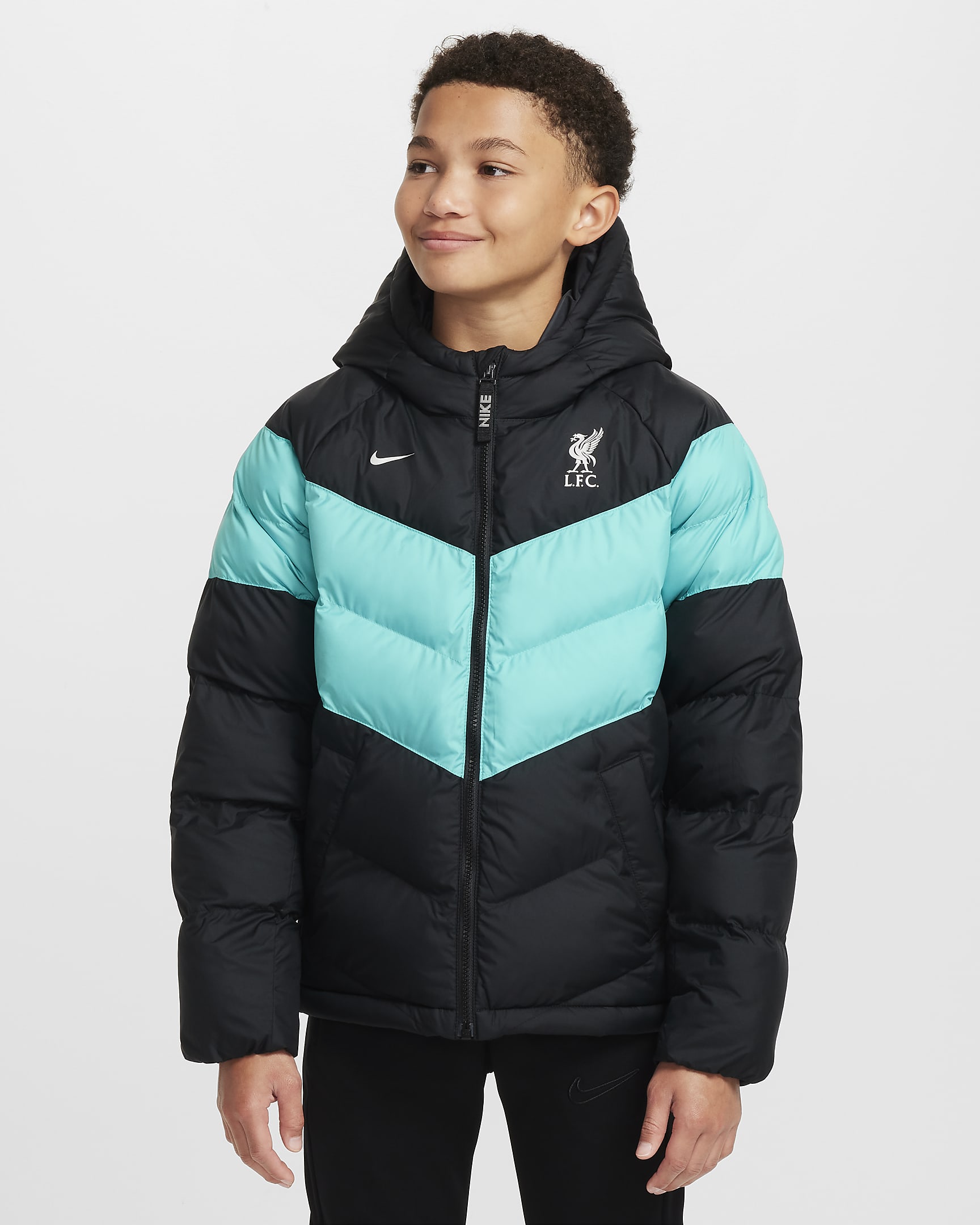 Liverpool F.C. Older Kids' Nike Football Synthetic-Fill Hooded Jacket - Black/Washed Teal/Metallic Silver