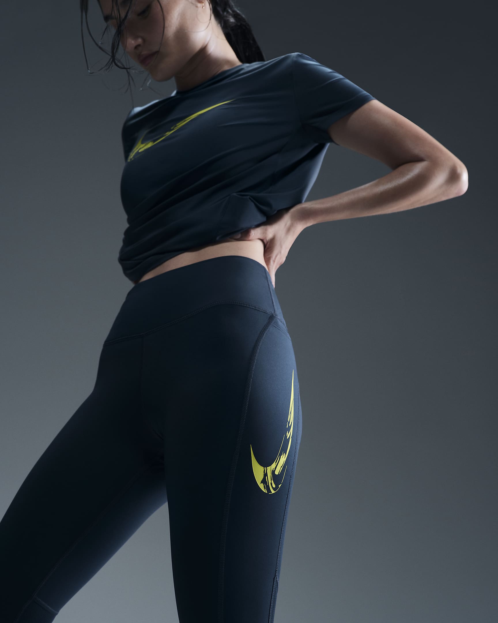 Nike Fast Swoosh Women's Mid-Rise 7/8 Running Leggings with Pockets - Armory Navy/Bright Cactus