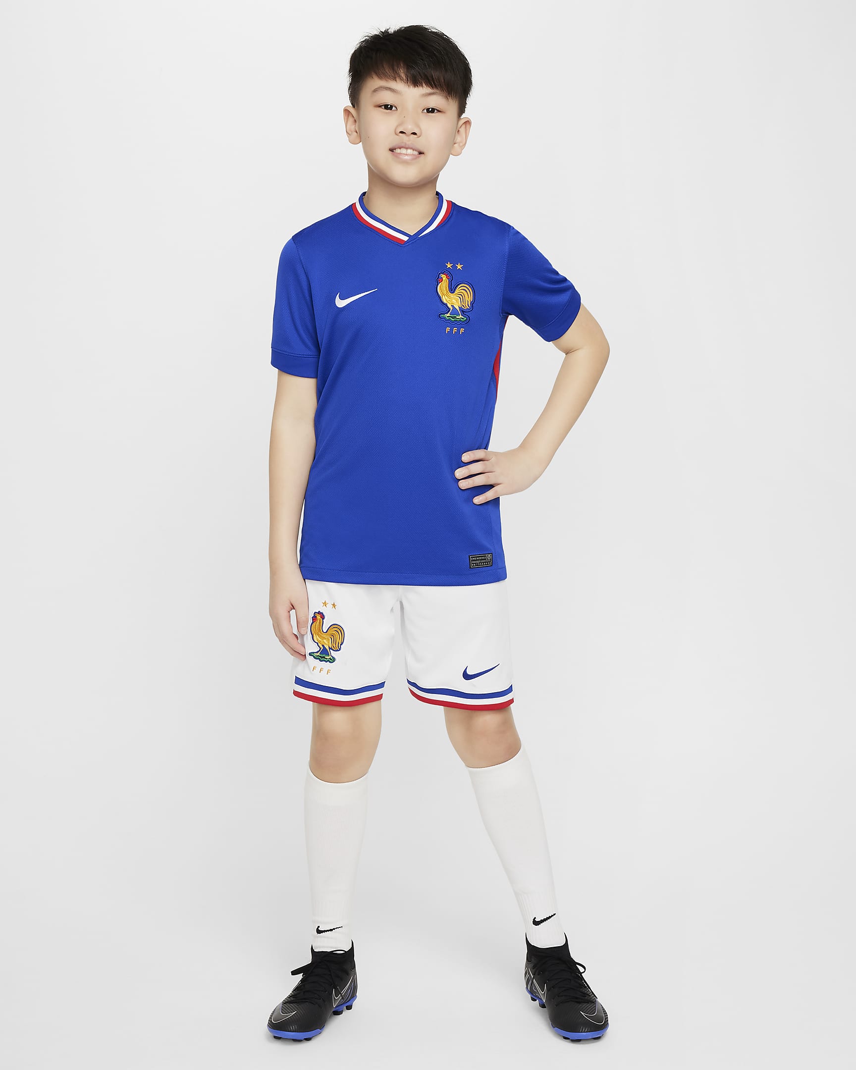 FFF 2024/25 Stadium Home Nike Dri-FIT Replica-fodboldtrøje til større børn (herrehold) - Bright Blue/University Red/hvid