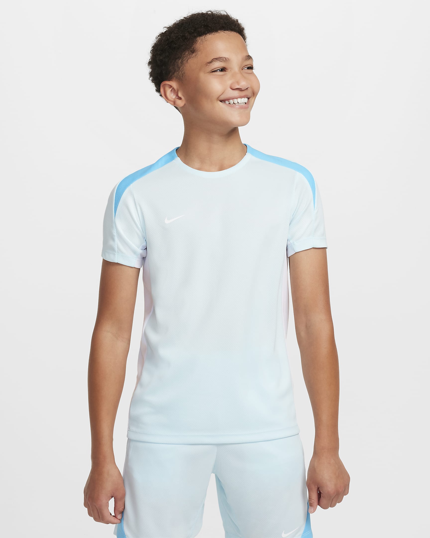 Camisola de futebol de manga curta Nike Dri-FIT Strike Júnior - Azul Glacier/Branco/Azul Baltic/Branco