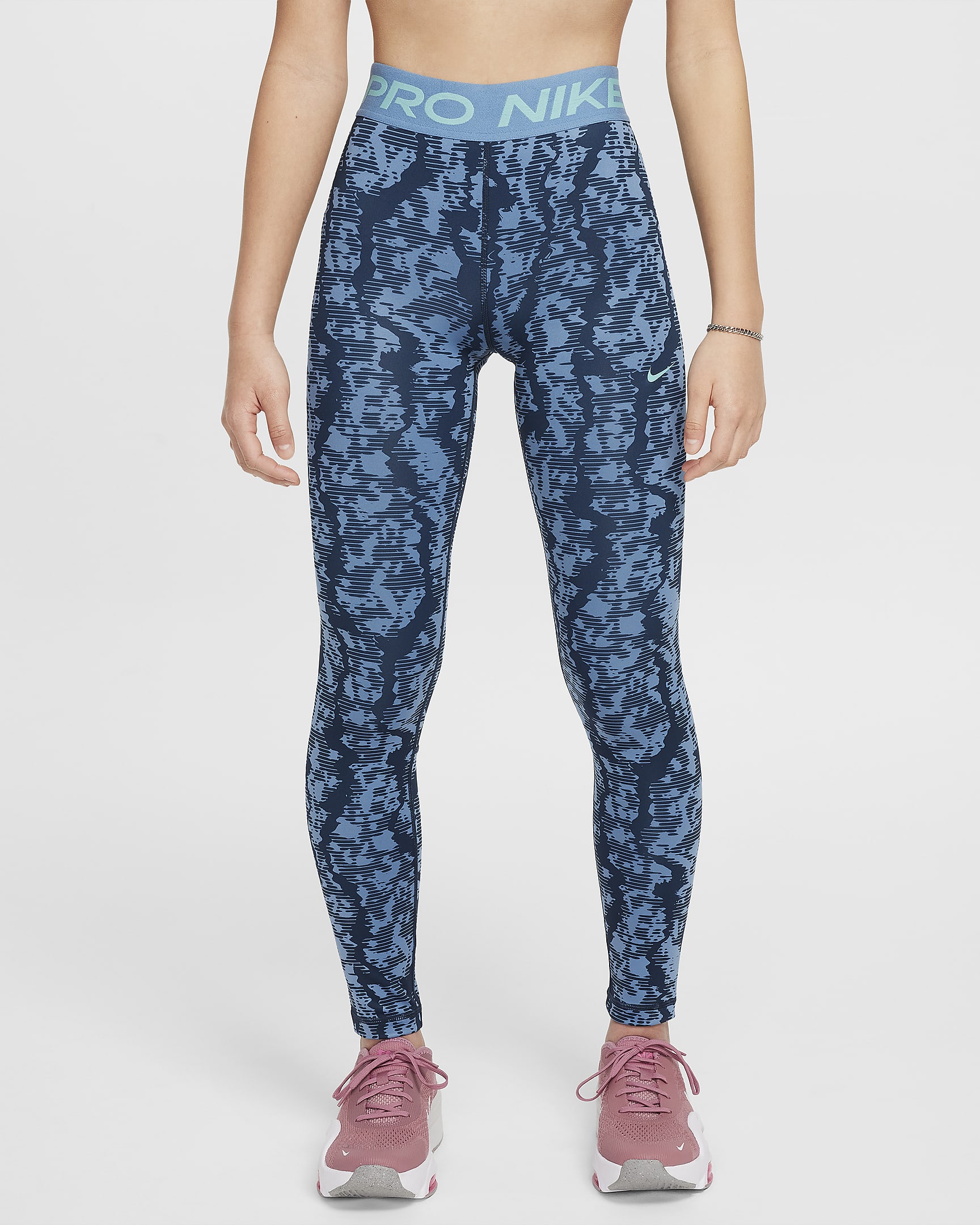 Nike Pro Girls' Dri-FIT Mid-Rise Leggings - Armoury Navy/Aegean Storm/Green Frost