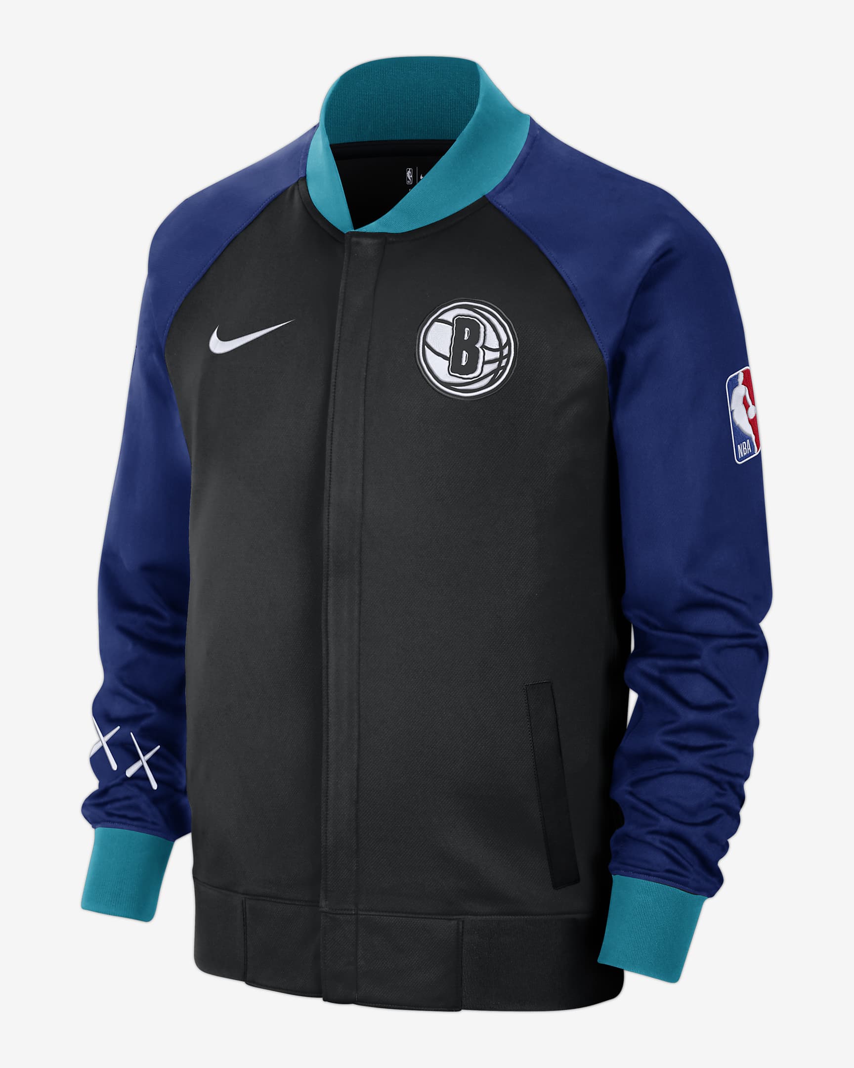 Brooklyn Nets Showtime City Edition Men's Nike Dri-FIT Full-Zip Long-Sleeve Jacket - Black/Rush Blue/Chile Red/White