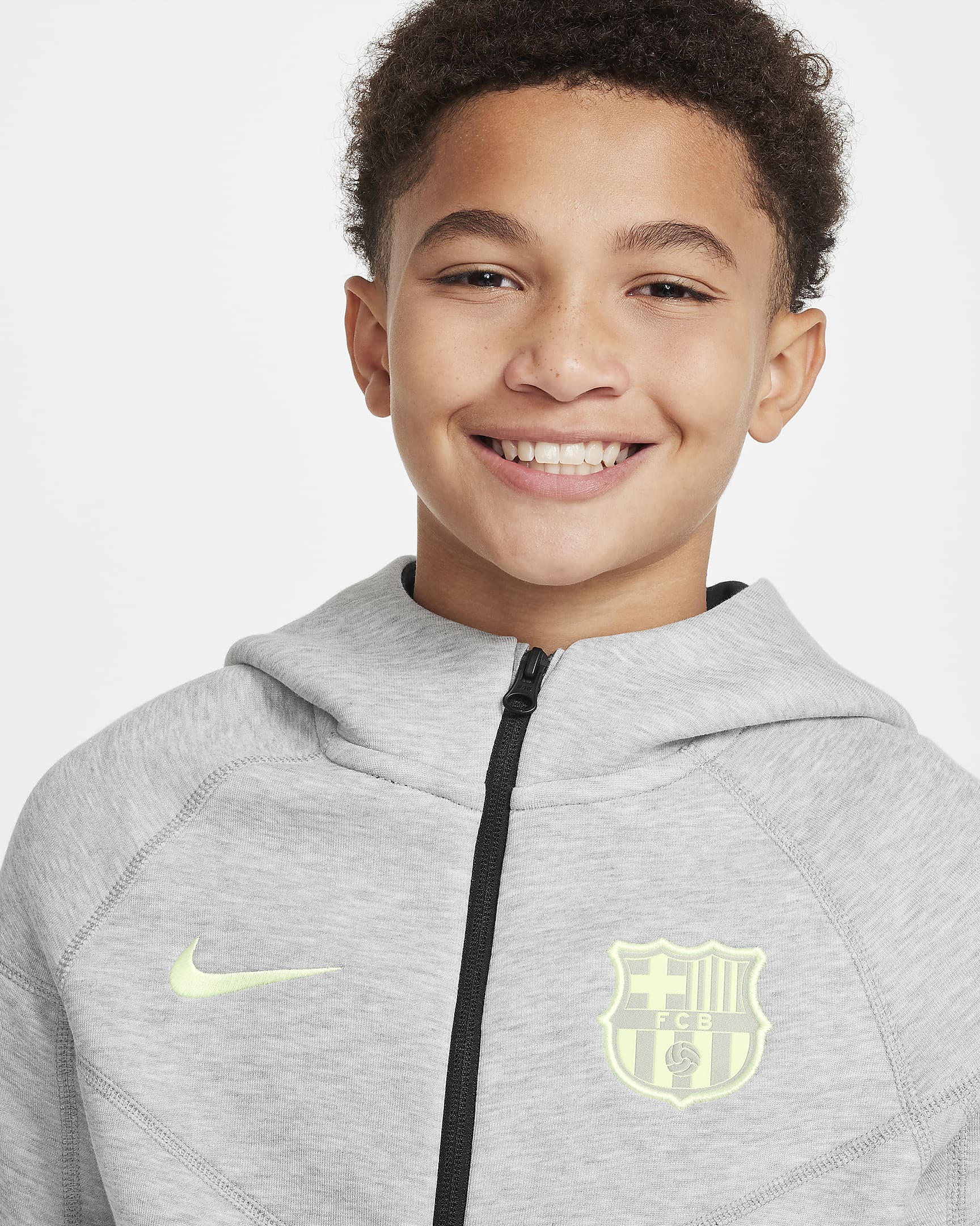 Piłkarska bluza z kapturem i zamkiem na całej długości dla dużych dzieci (chłopców) FC Barcelona Tech Fleece - Dark Grey Heather/Czerń/Barely Volt