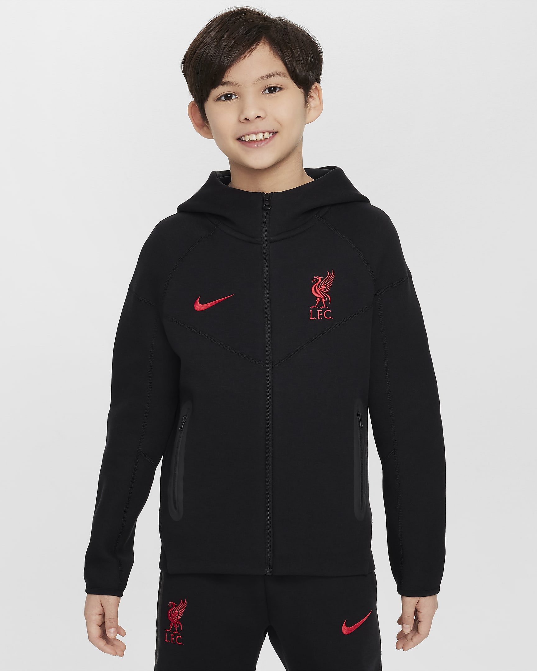 Liverpool F.C. Tech Fleece Older Kids' (Boys') Nike Football Full-Zip Hoodie - Black/Black/Black/Gym Red