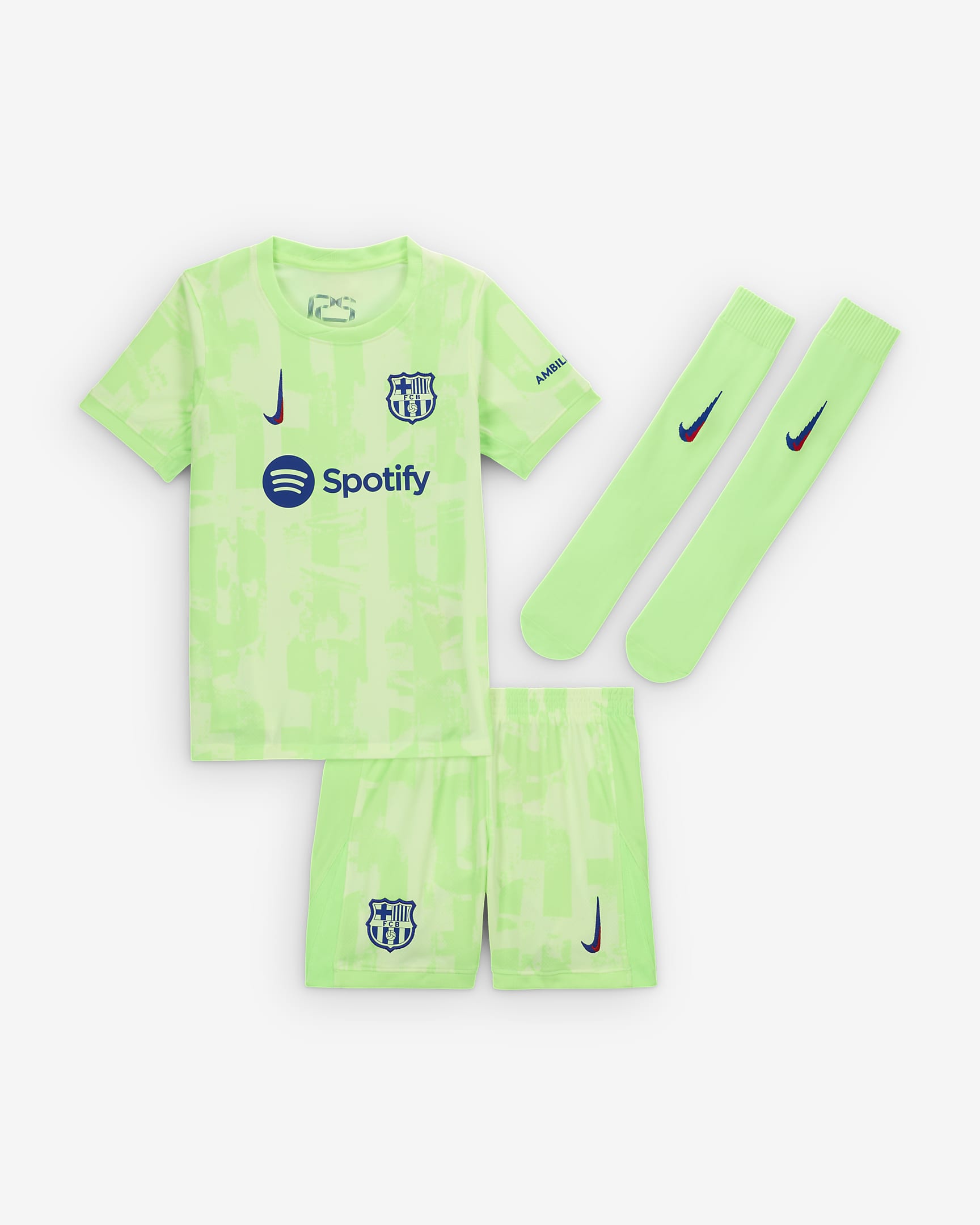 Trzyczęściowy strój piłkarski dla małych dzieci Nike FC Barcelona Stadium 2024/25 (wersja trzecia) – replika - Barely Volt/Barely Volt/Lime Blast/Old Royal