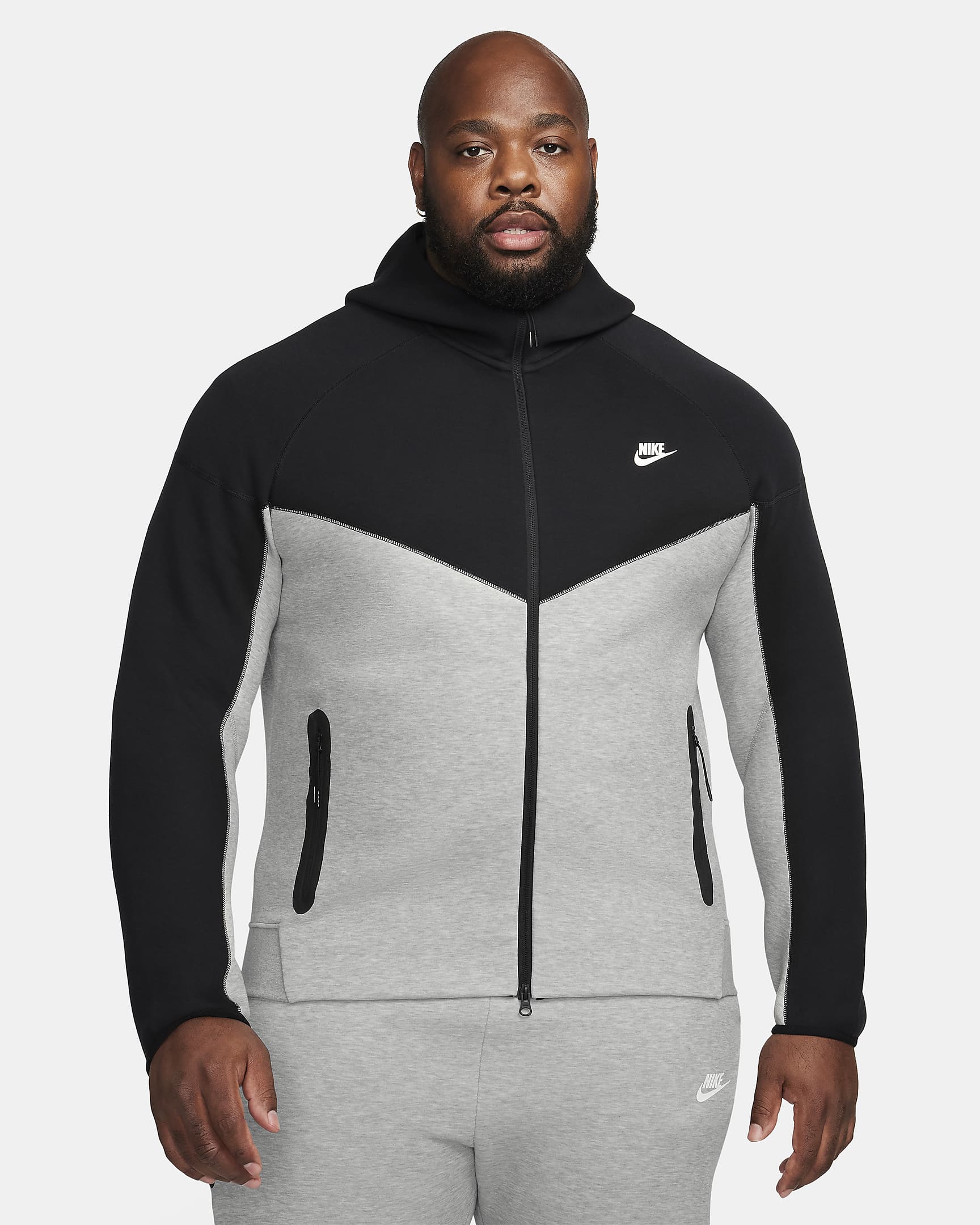 Nike Sportswear Tech Fleece Windrunner Tam Boy Fermuarlı Erkek Kapüşonlu Üst - Dark Grey Heather/Siyah/Beyaz