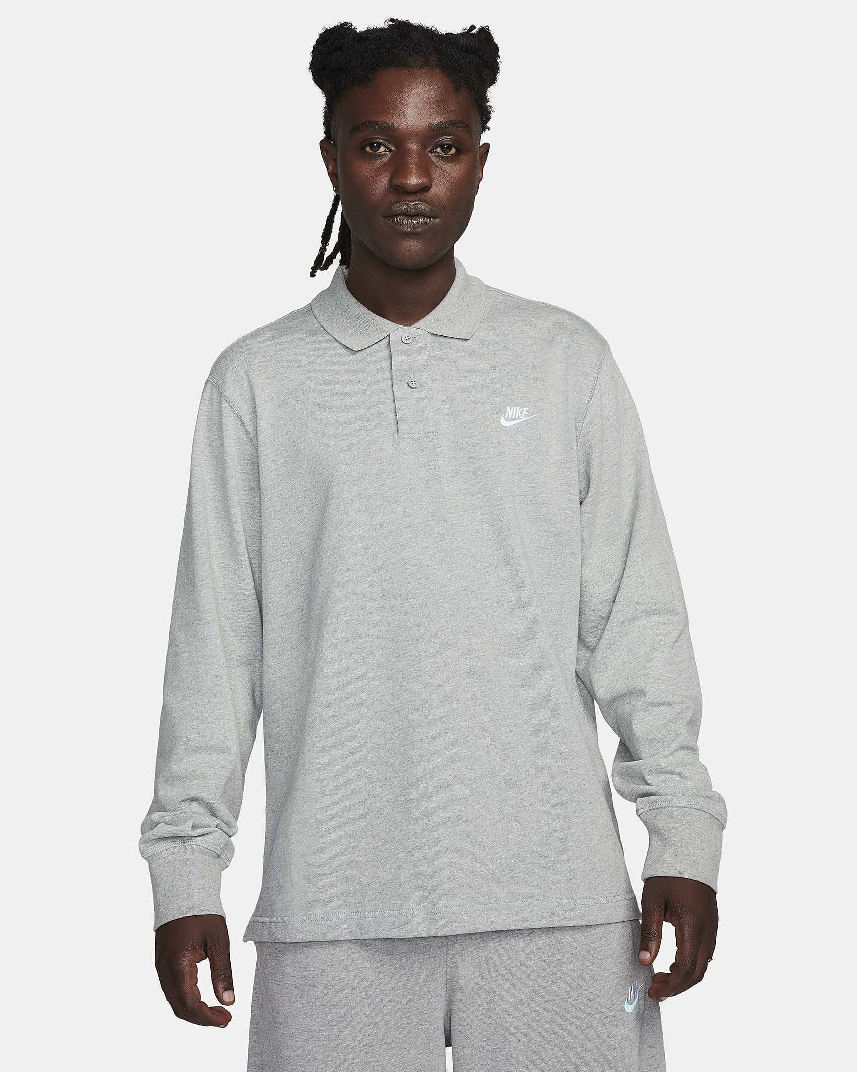 Långärmad stickad pikétröja Nike Club för män - Dark Grey Heather/Vit