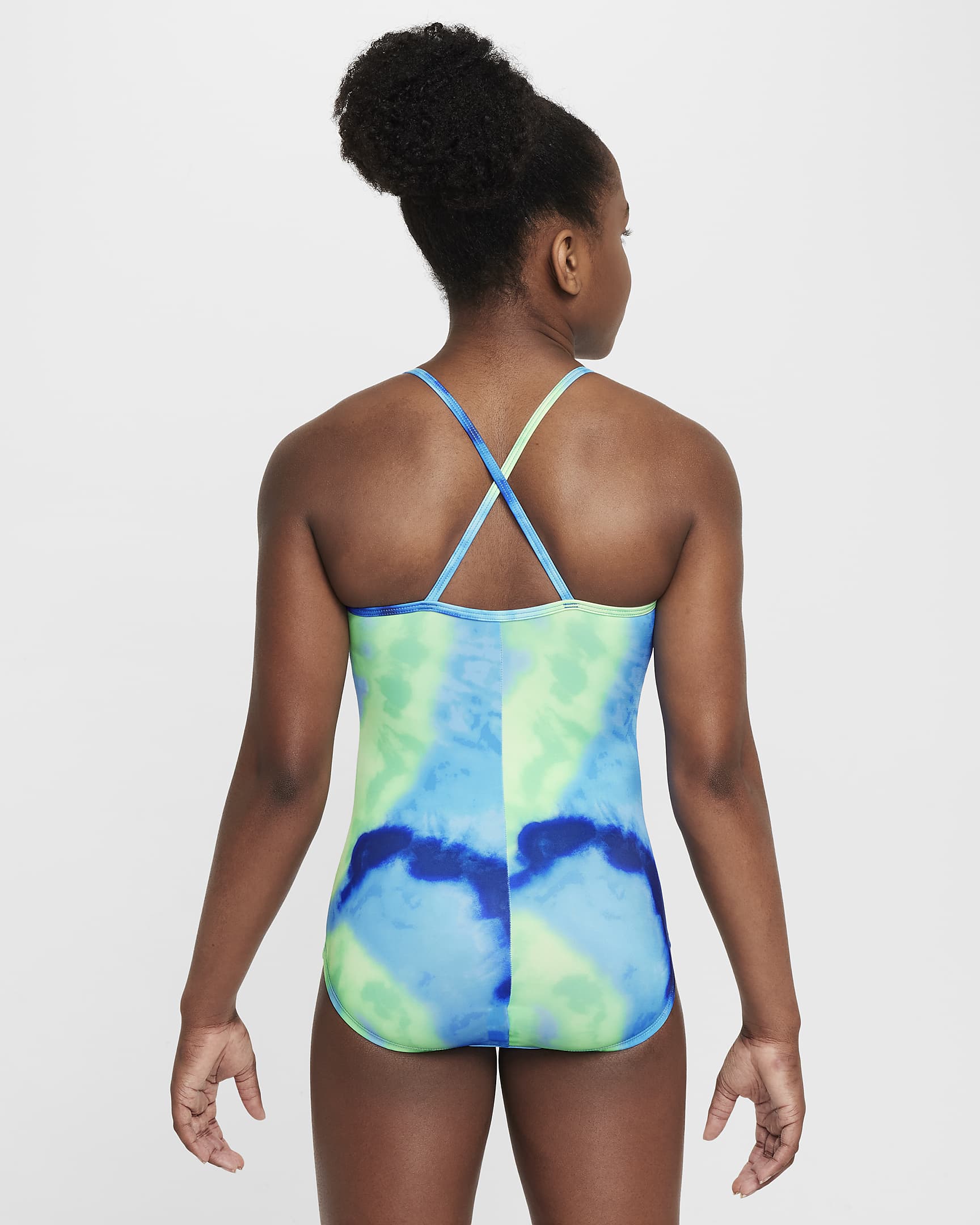 Jednoczęściowy kostium kąpielowy z ramiączkami skrzyżowanymi na plecach dla dużych dzieci (dziewcząt) Nike Swim Tie-Dye - Midnight Navy/Photo Blue/Vapor Green/Biel