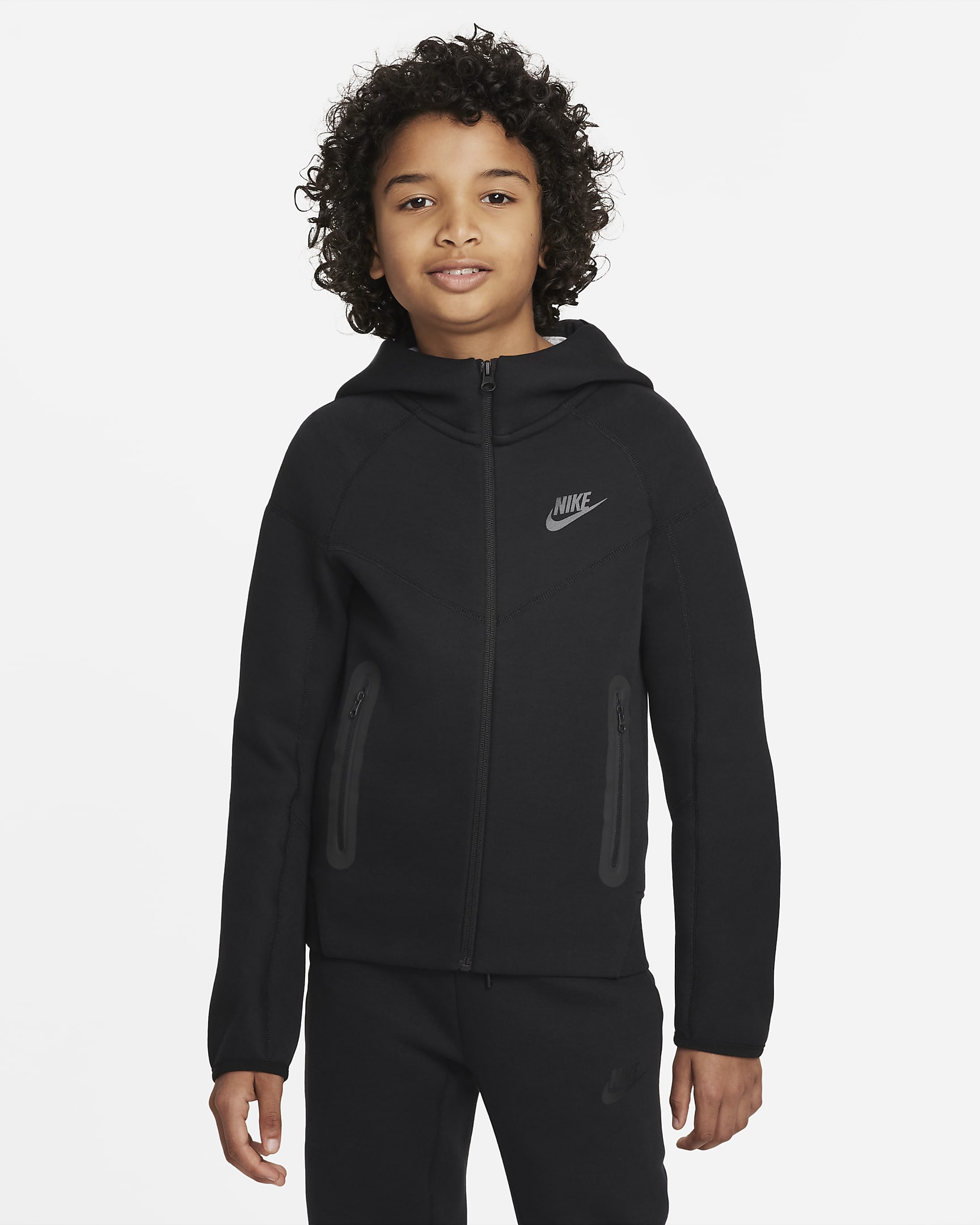 Mikina Nike Sportswear Tech Fleece s kapucí a dlouhým zipem pro větší děti (chlapce) - Černá/Černá/Černá