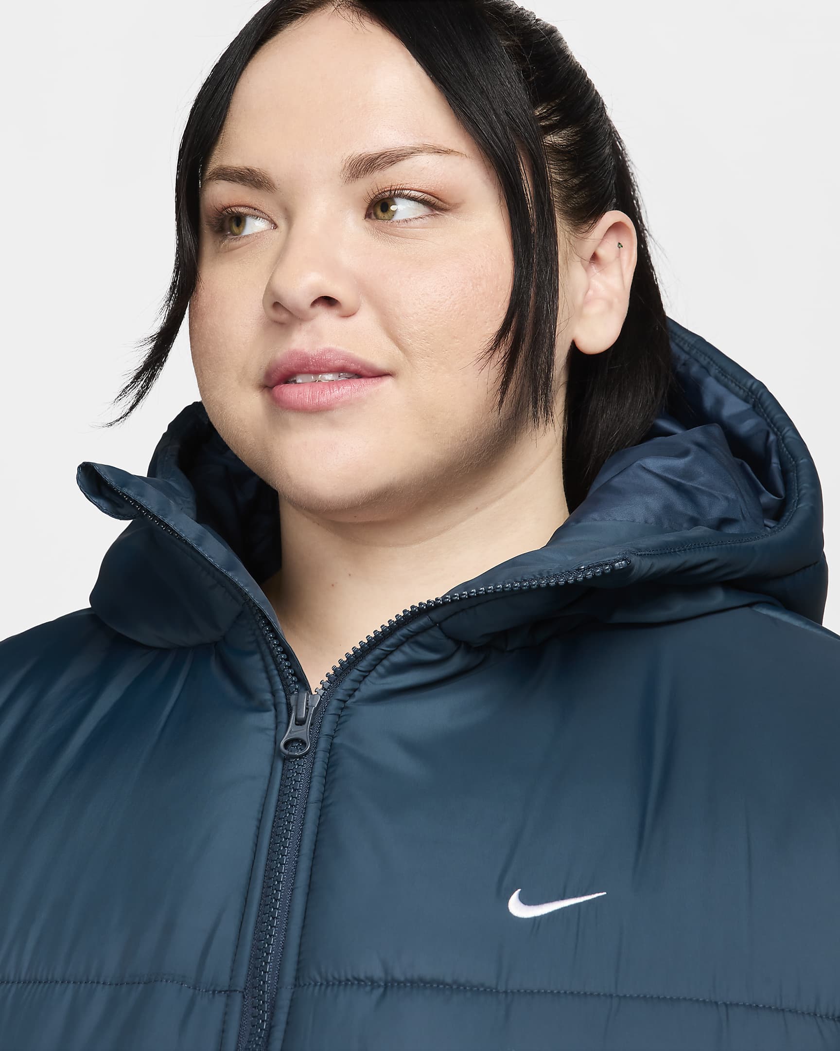 Nike Sportswear Classic Puffer Women's Therma-FIT Loose Hooded Jacket (Plus Size) - Armory Navy/White