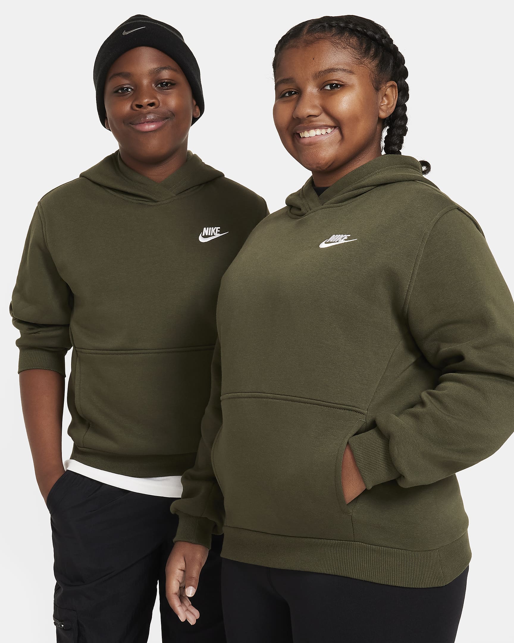 Nike Sportswear Club Fleece Big Kids' Pullover Hoodie (Extended Size) - Cargo Khaki/White