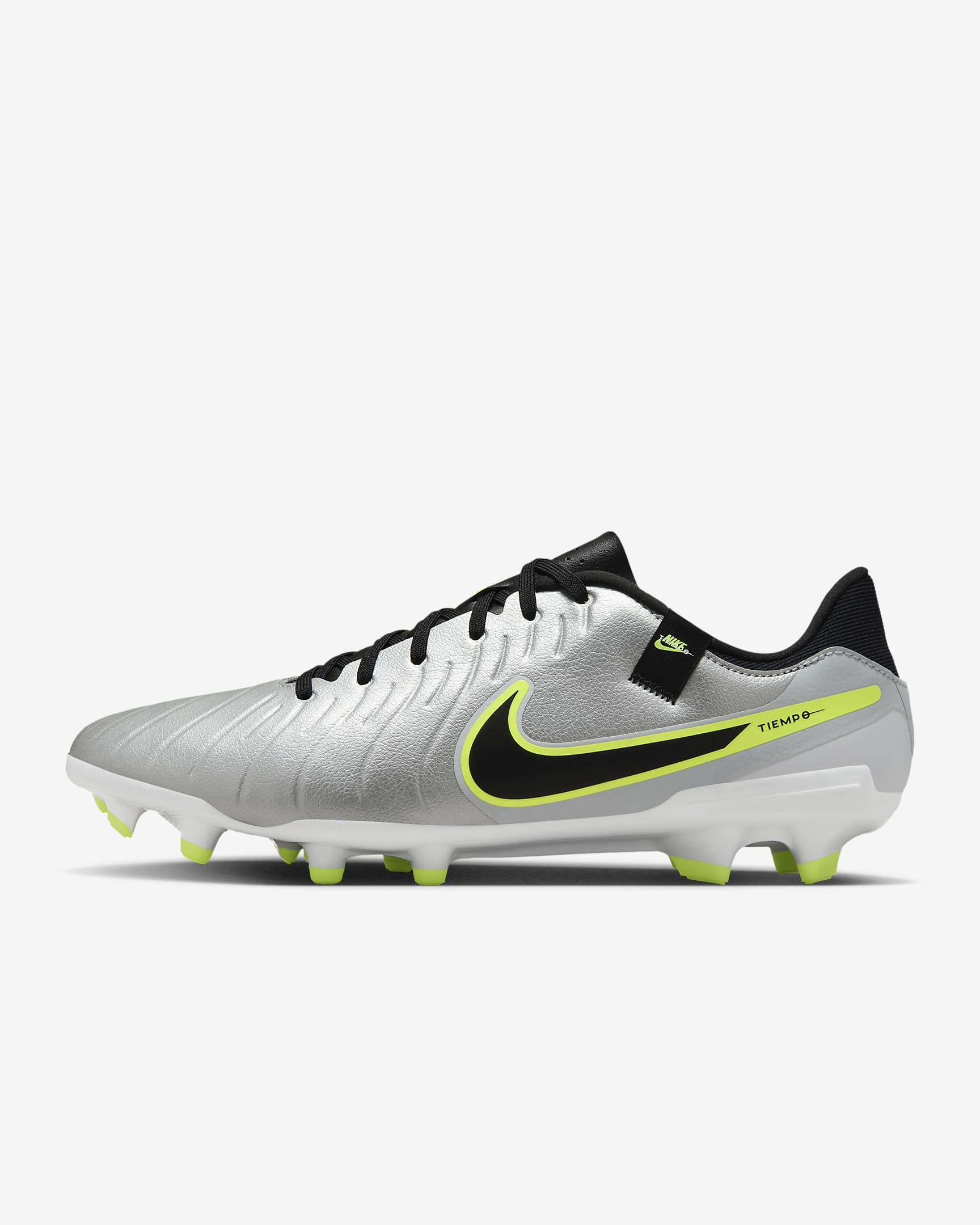 Tacos de fútbol de corte low para terrenos múltiples Nike Tiempo Legend 10 Academy - Plata metalizado/Volt/Negro