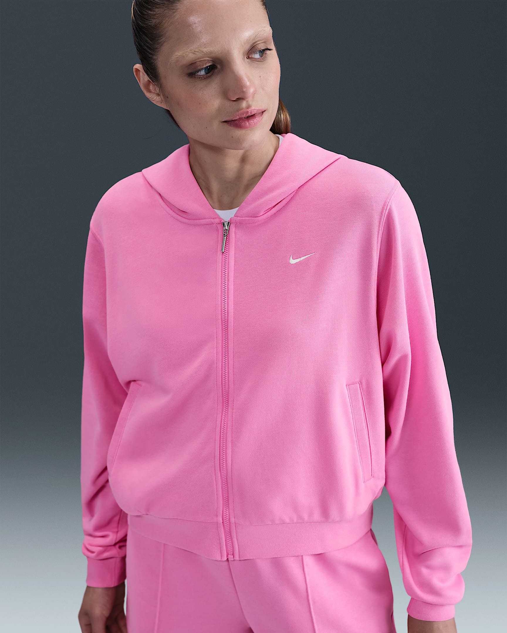 Nike Sportswear Chill Terry Sudadera con gorro de French Terry holgada con cierre completo para mujer - Rosa alegre/Vela