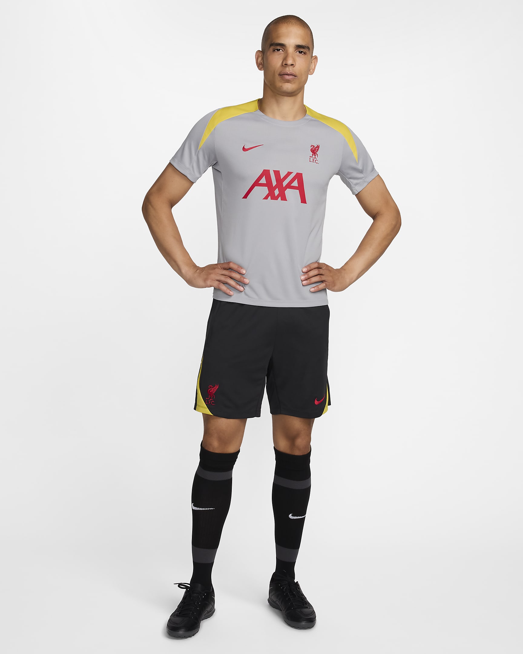 Męska dzianinowa koszulka piłkarska z krótkim rękawem Nike Dri-FIT Liverpool F.C. Strike (wersja trzecia) - Light Smoke Grey/Light Smoke Grey/Chrome Yellow/Global Red