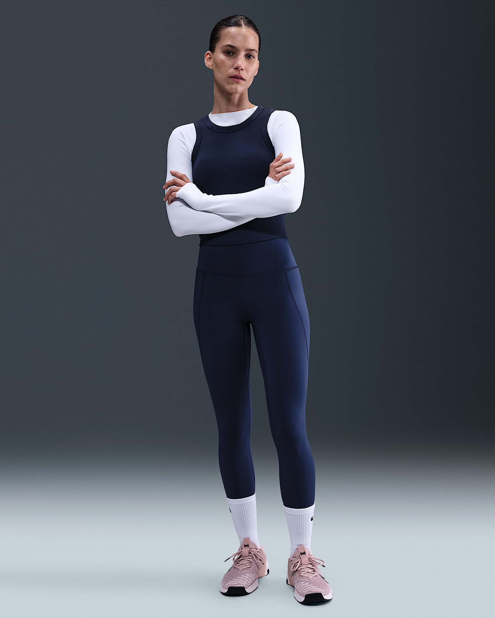 Nike Universa Women's Medium-Support High-Waisted 7/8 Leggings with Pockets - Midnight Navy/Midnight Navy/Dark Obsidian