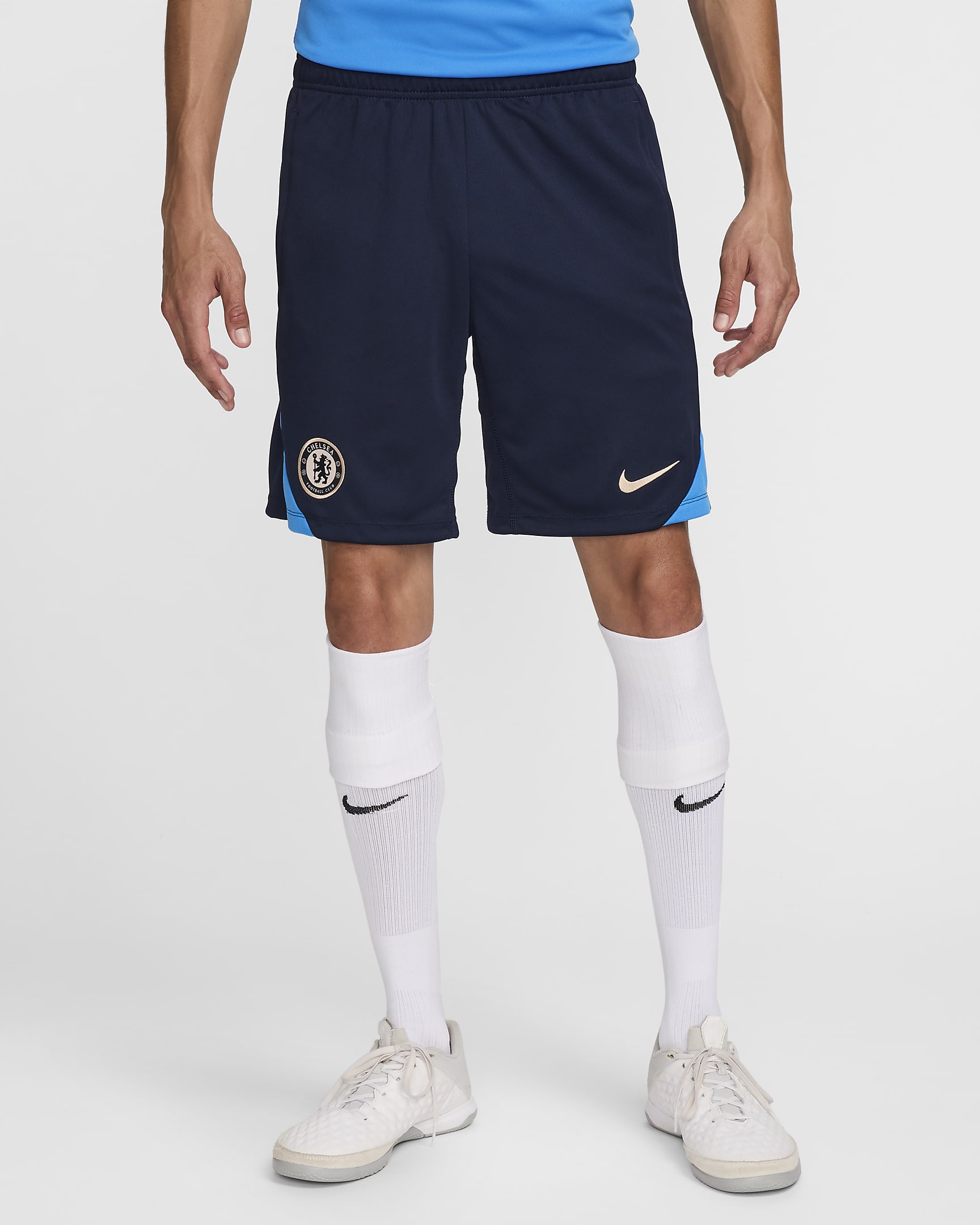 Chelsea F.C. Strike Men's Nike Dri-FIT Football Knit Shorts - Obsidian/Light Photo Blue/Guava Ice