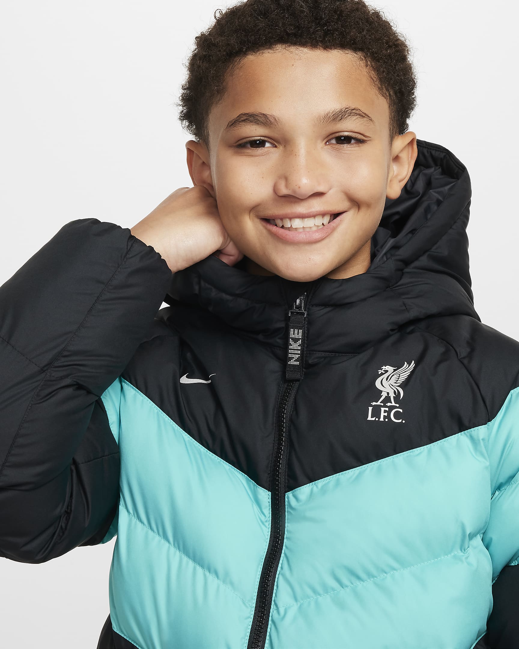 Liverpool F.C. Older Kids' Nike Football Synthetic-Fill Hooded Jacket - Black/Washed Teal/Metallic Silver