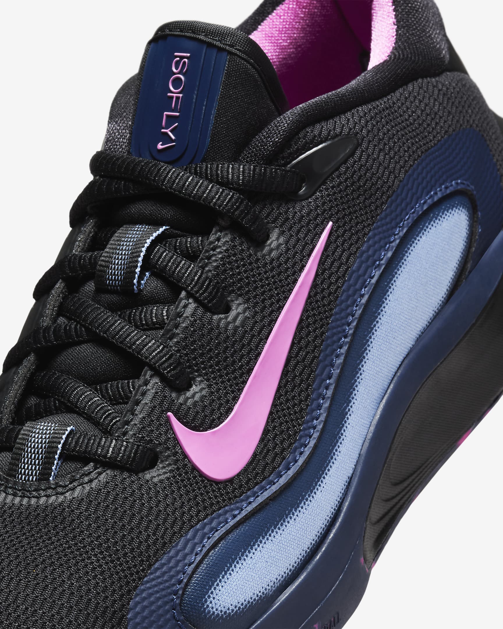 Tenis de básquetbol para niños grandes Nike IsoFly - Negro/Azul marino medianoche/Aluminio/Rosa alegre