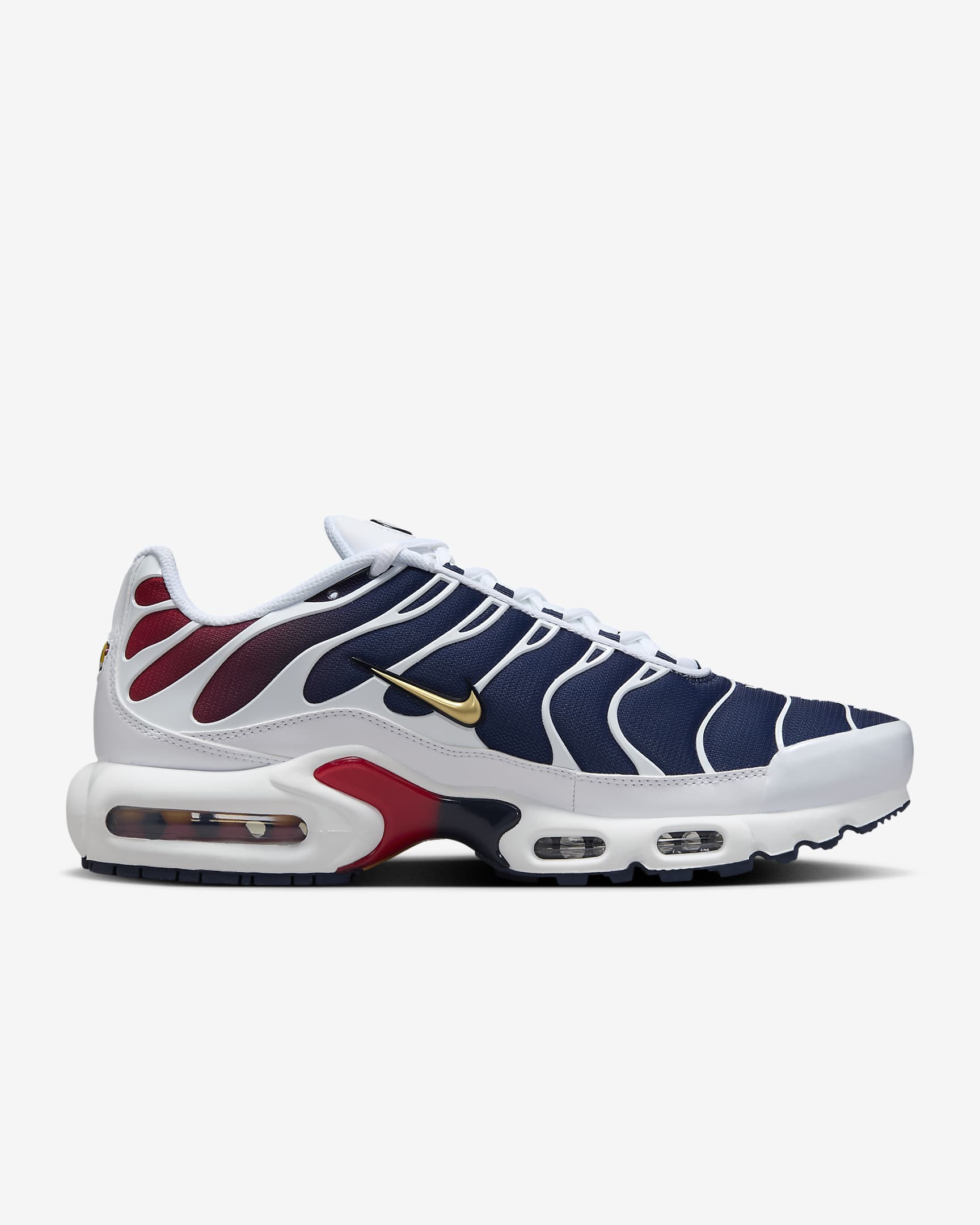 Sapatilhas Nike Air Max Plus para homem - Branco/Midnight Navy/Vermelho University/Dourado metalizado