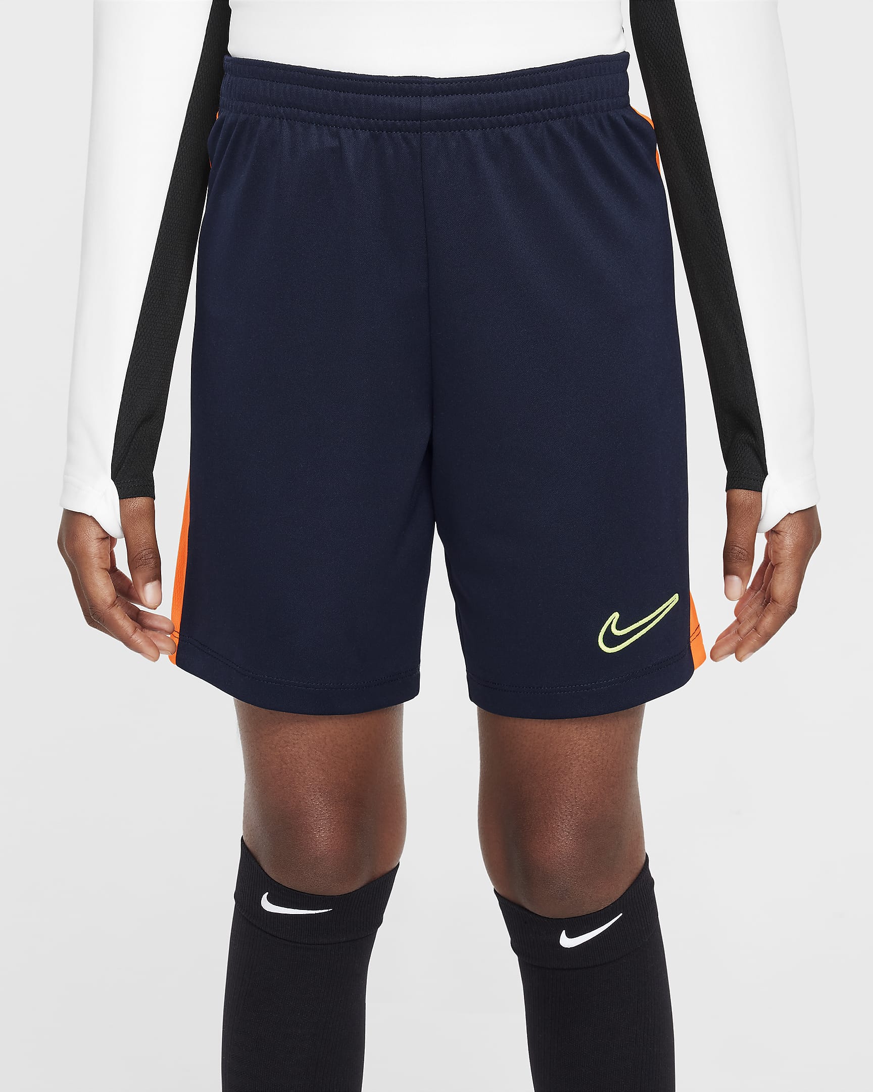 กางเกงฟุตบอลขาสั้นเด็ก Nike Dri-FIT Academy23 - Dark Obsidian/Total Orange/Volt