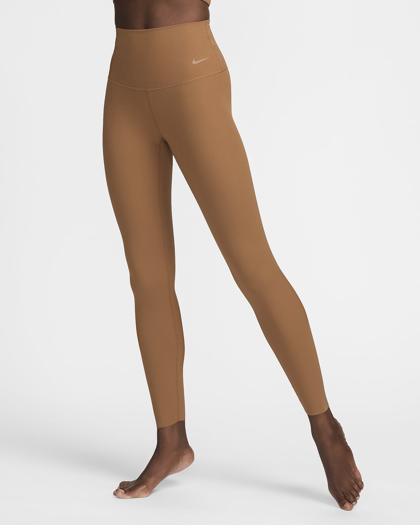 Leggings i 7/8-längd Nike Zenvy Rib med lätt stöd och hög midja för kvinnor - Light British Tan/Svart