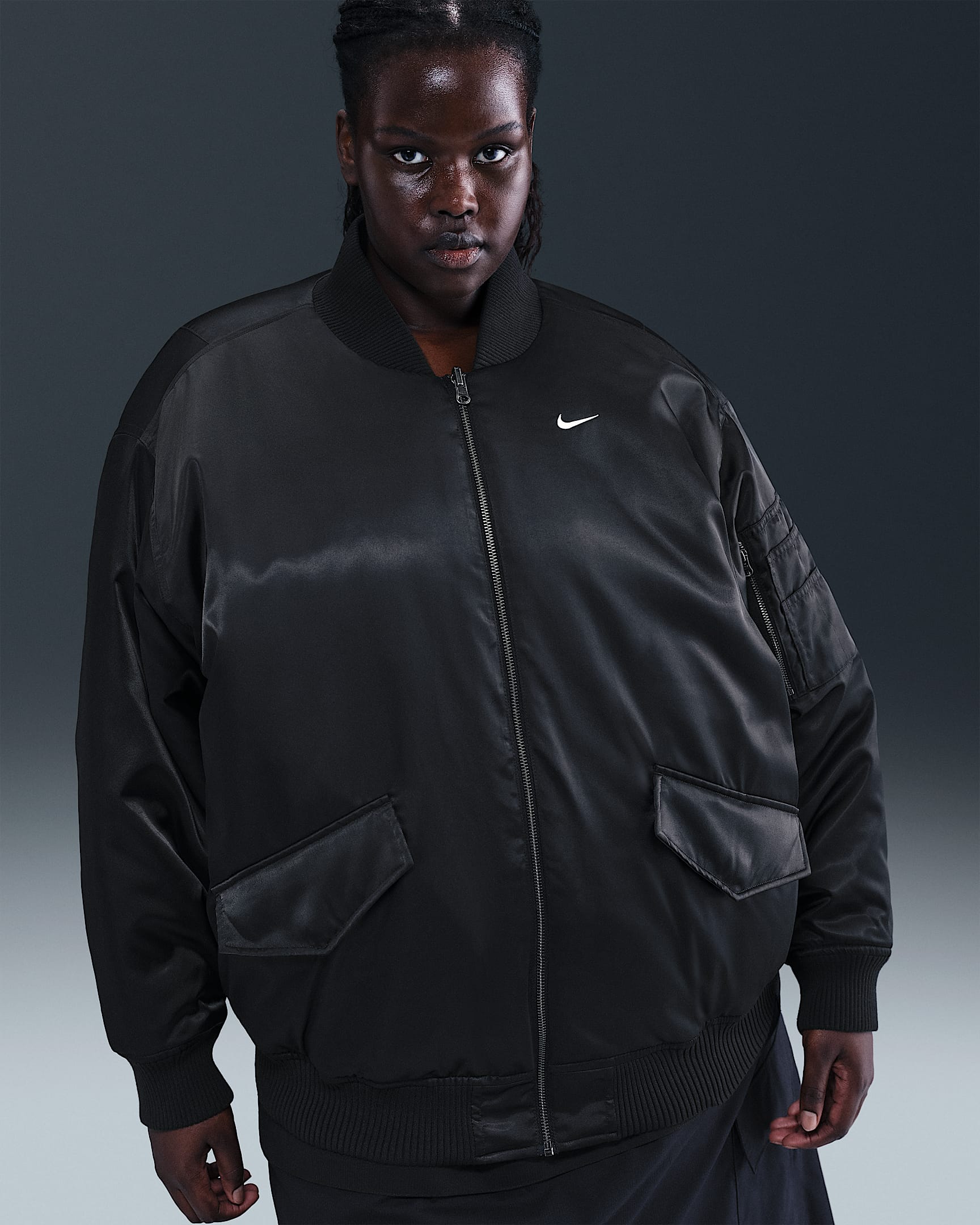Nike Sportswear Women's Therma-FIT Reversible Bomber Jacket (Plus Size) - Black/Medium Ash/Sail/Sail