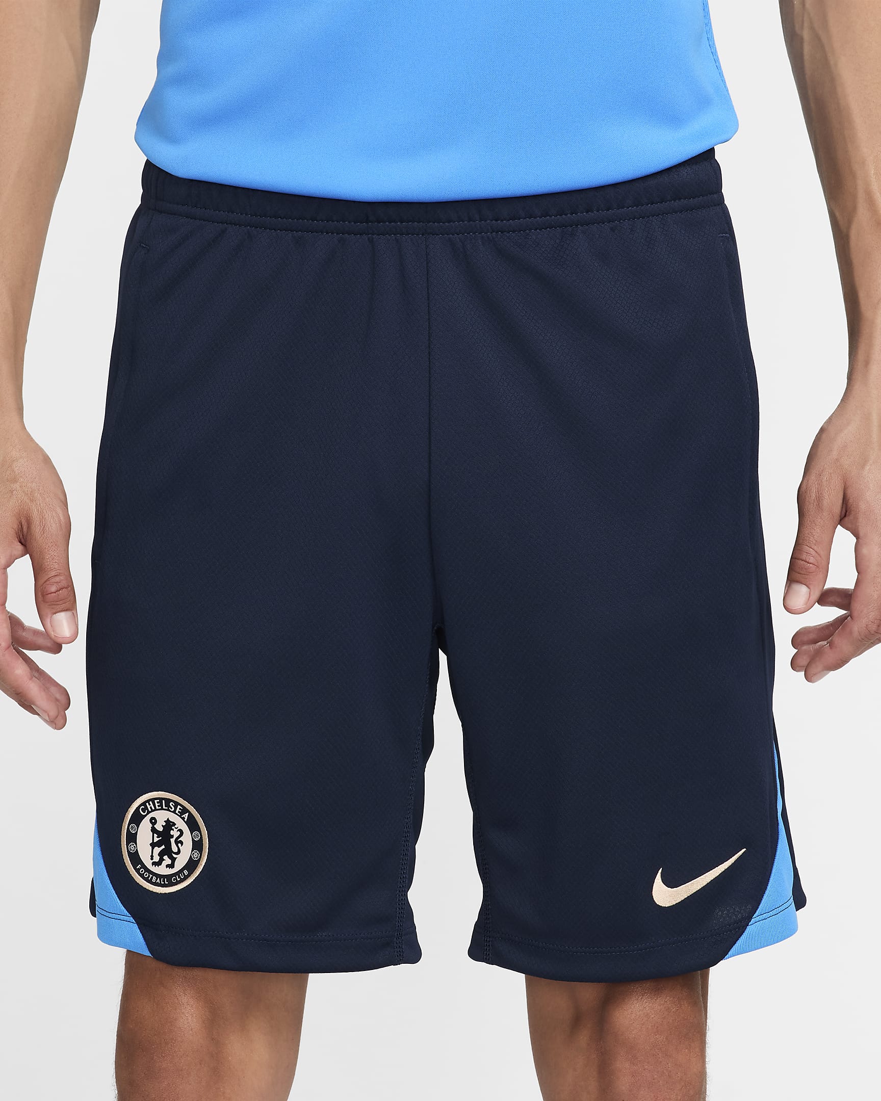 Chelsea F.C. Strike Men's Nike Dri-FIT Football Knit Shorts - Obsidian/Light Photo Blue/Guava Ice