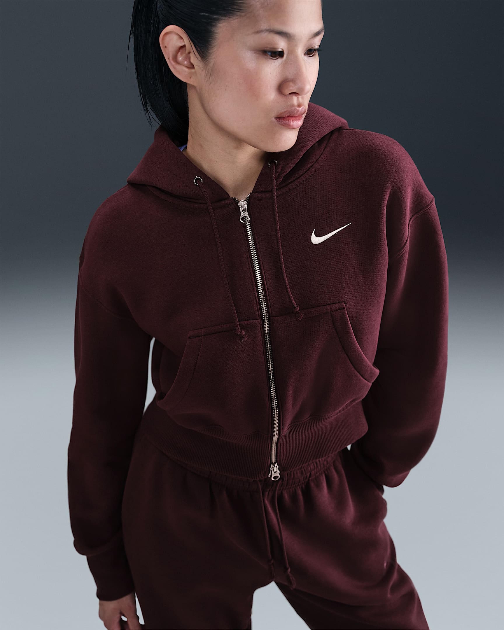 Nike Sportswear Phoenix Fleece Women's Loose Full-Zip Cropped Hoodie - Burgundy Crush/Sail