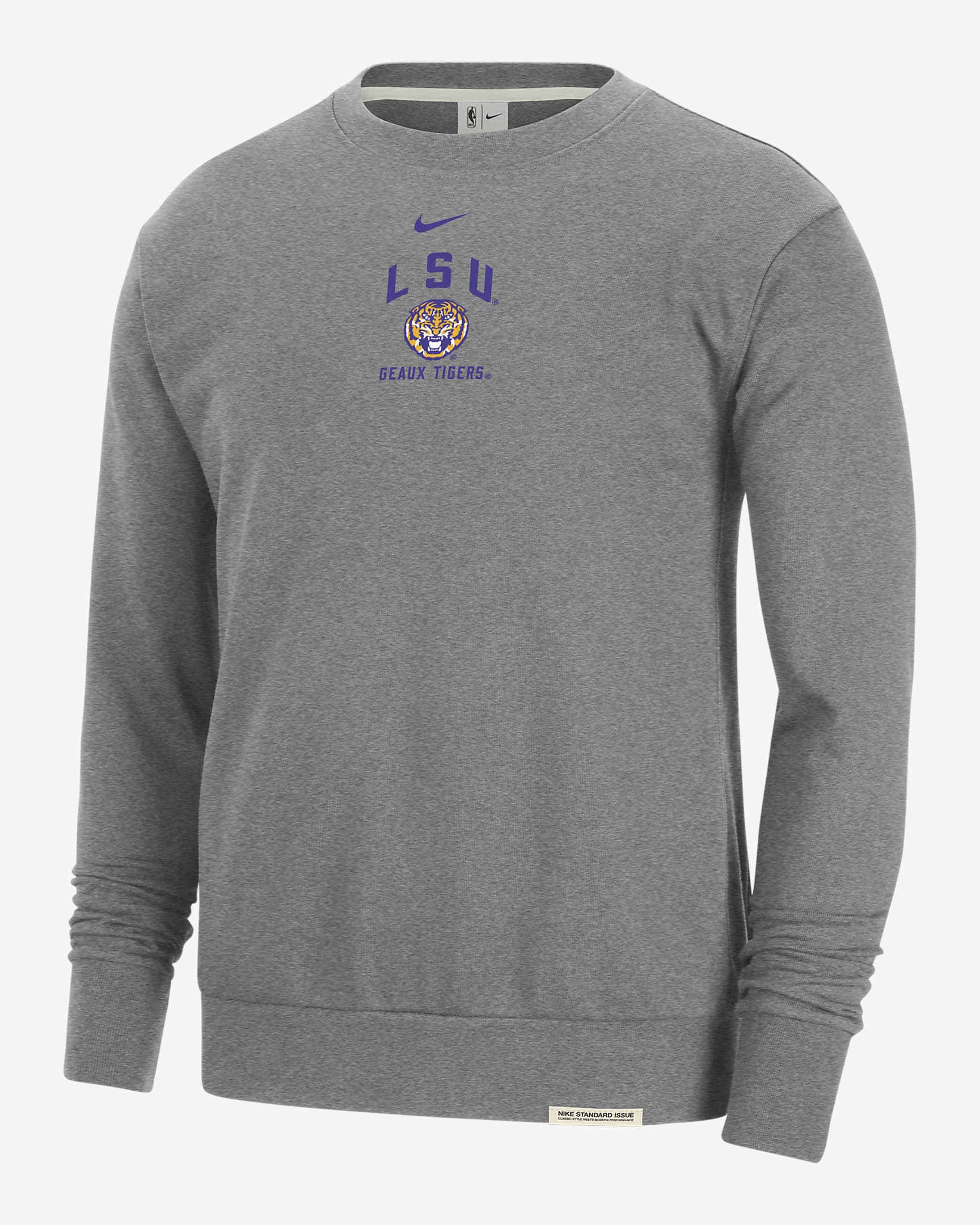 LSU Standard Issue Men's Nike College Fleece Crew-Neck Sweatshirt - Dark Grey Heather