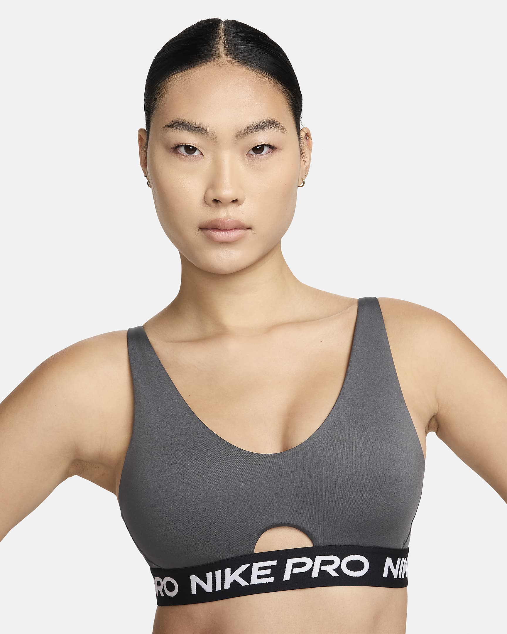 Dámská sportovní podprsenka Nike Pro Indy Plunge s vycpávkami a střední oporou - Iron Grey/Bílá