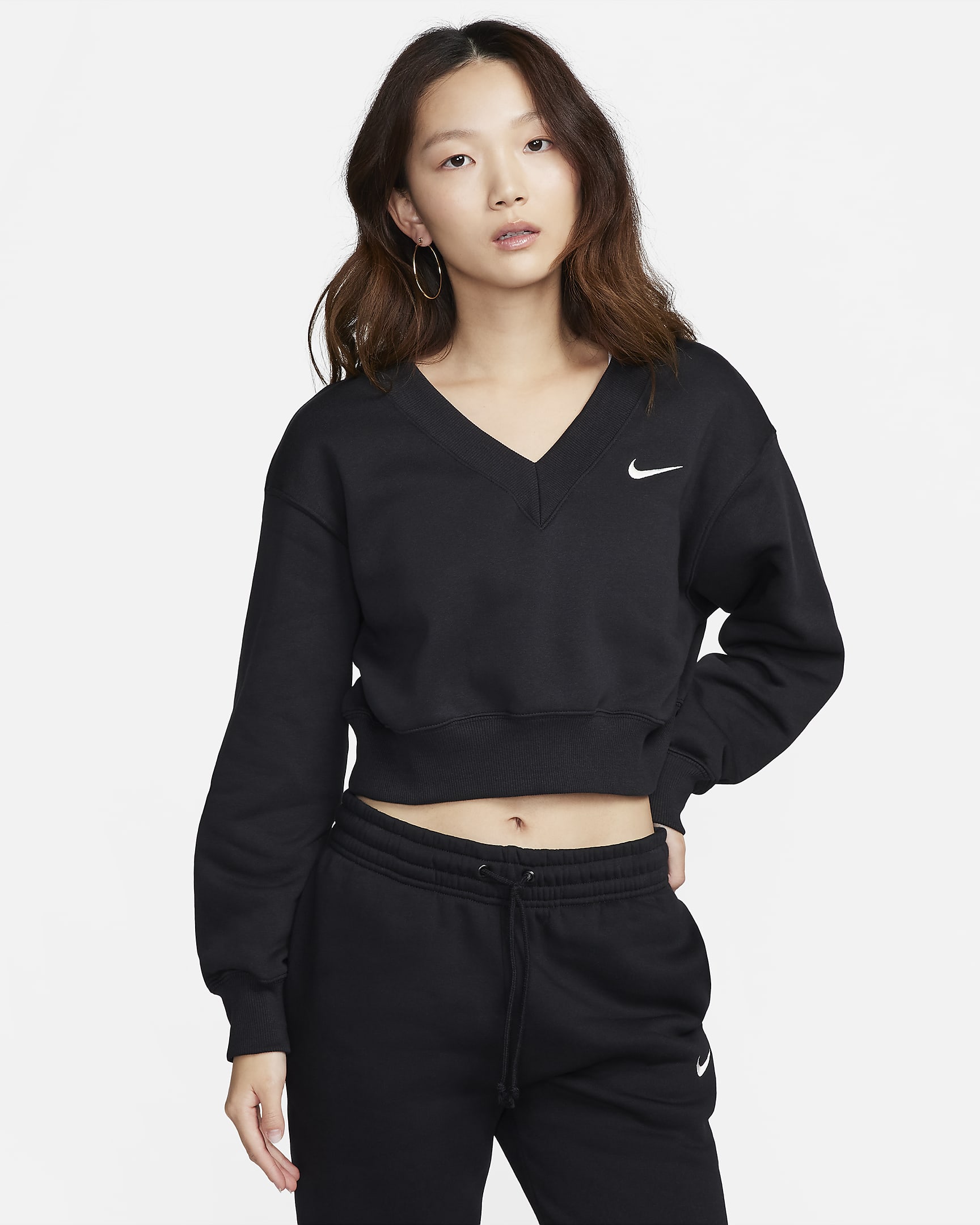 Nike Sportswear Phoenix Fleece Women's Cropped V-Neck Top - Black/Sail