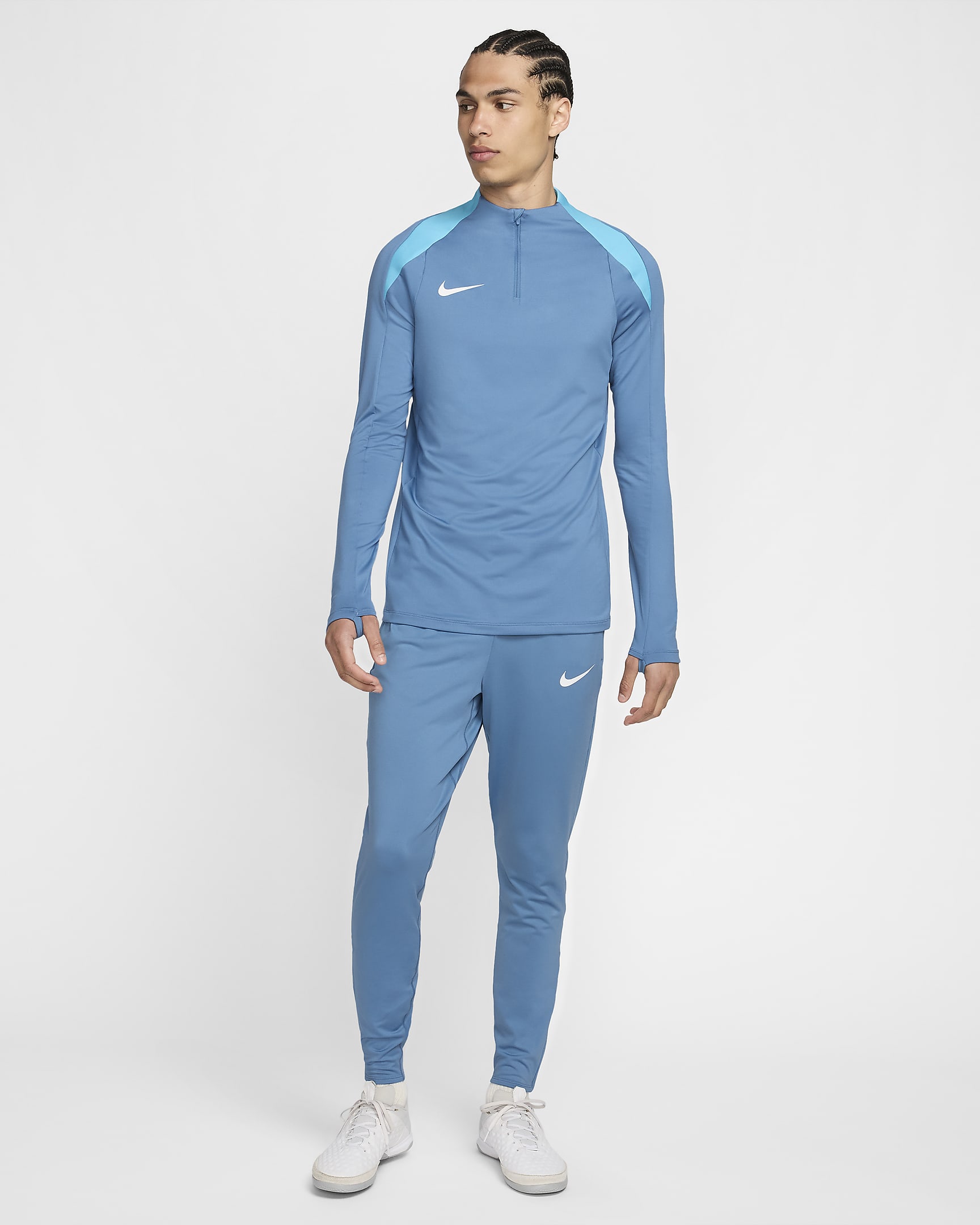 Męska treningowa koszulka piłkarska z zamkiem 1/2 Dri-FIT Nike Strike - Aegean Storm/Baltic Blue/Biel