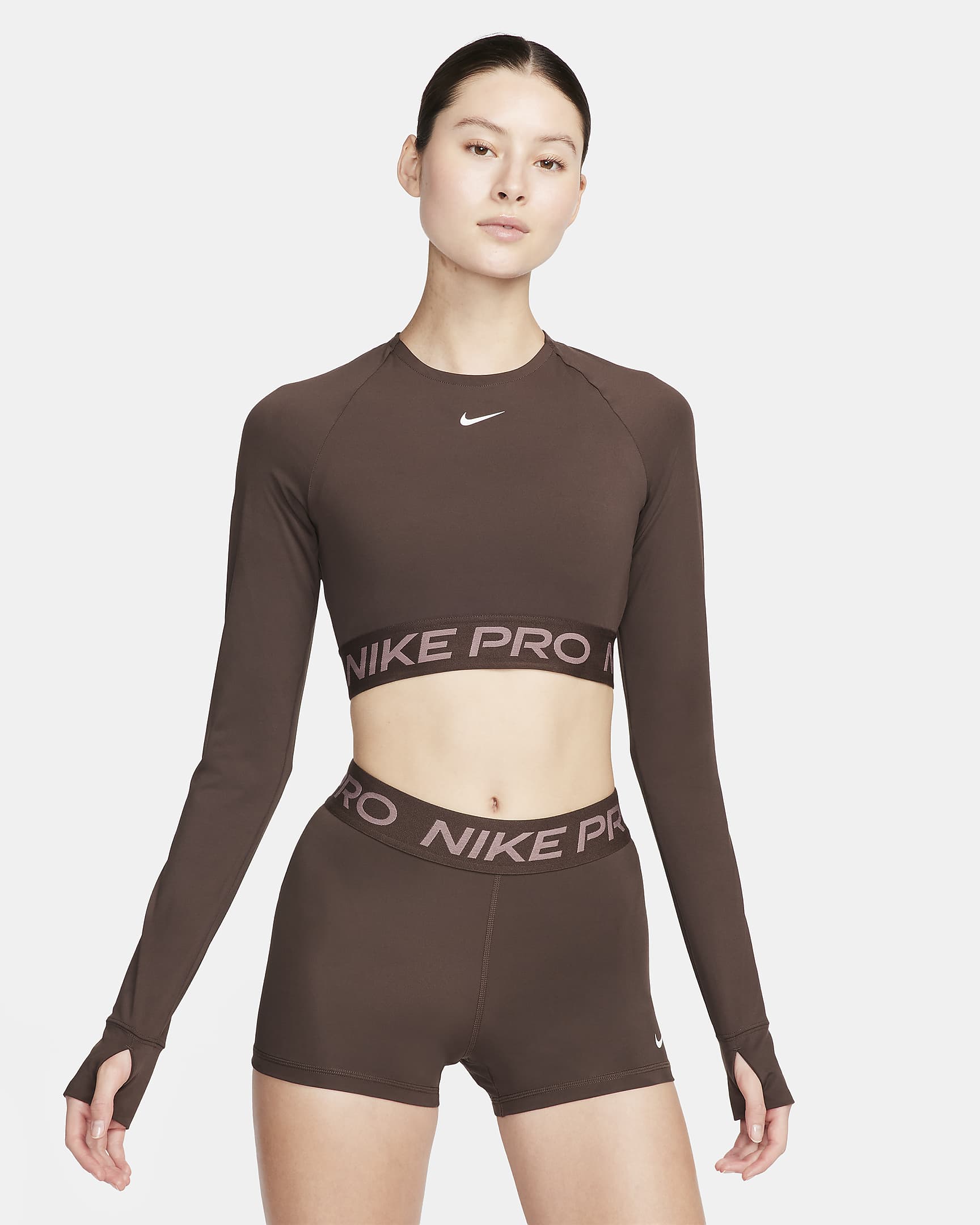 Kort långärmad tröja Nike Pro Dri-FIT för kvinnor - Baroque Brown/Vit