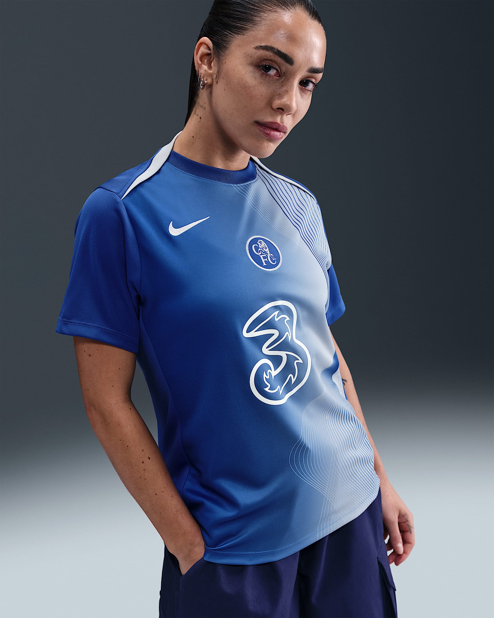 Chelsea F.C. Academy Pro Third Women's Nike Dri-FIT Total 90 Football Pre-Match Top - Game Royal/Field Silver/Field Silver