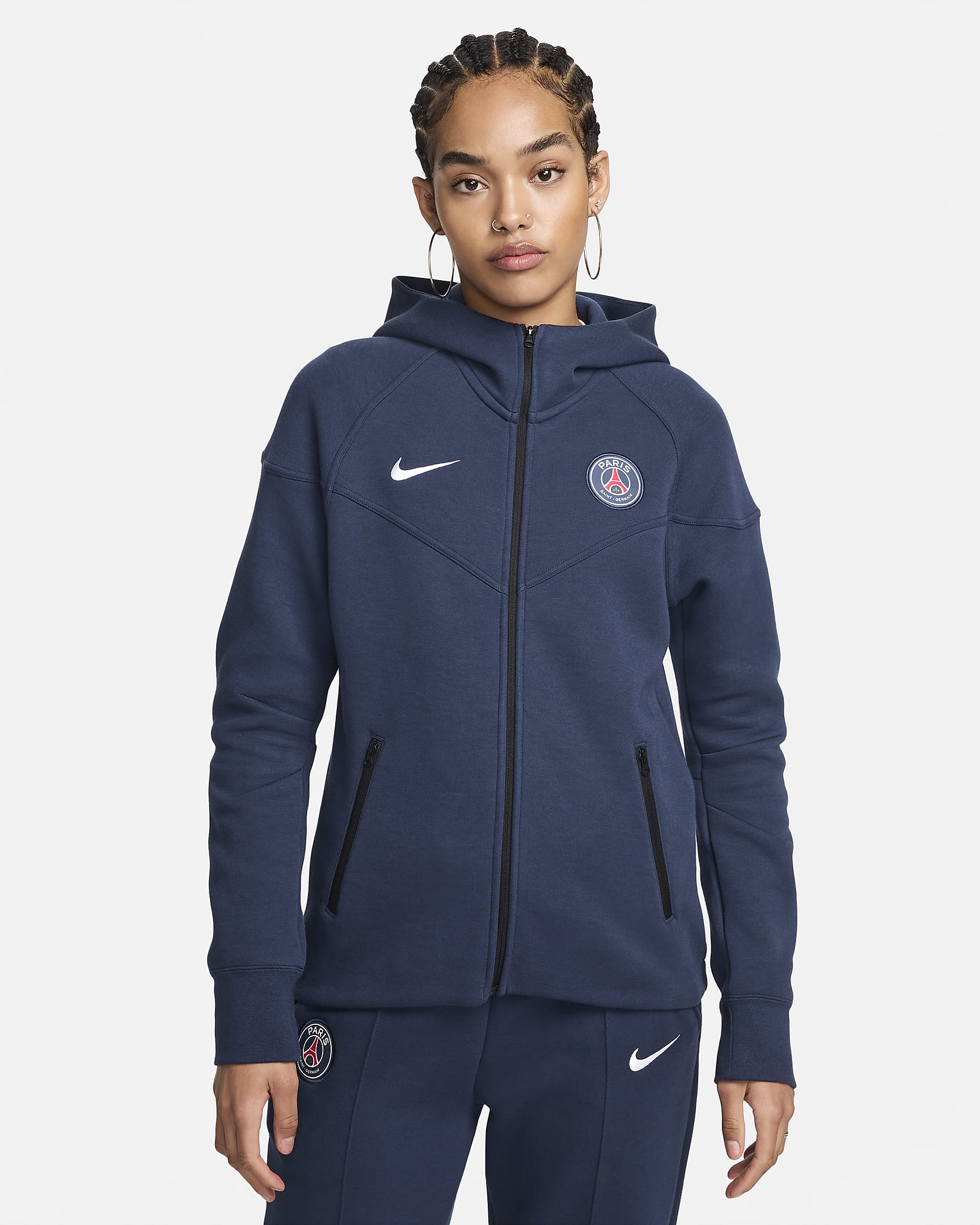 Paris Saint-Germain Tech Fleece Windrunner Tam Boy Fermuarlı Nike Football Kadın Kapüşonlu Üstü - Midnight Navy/Beyaz