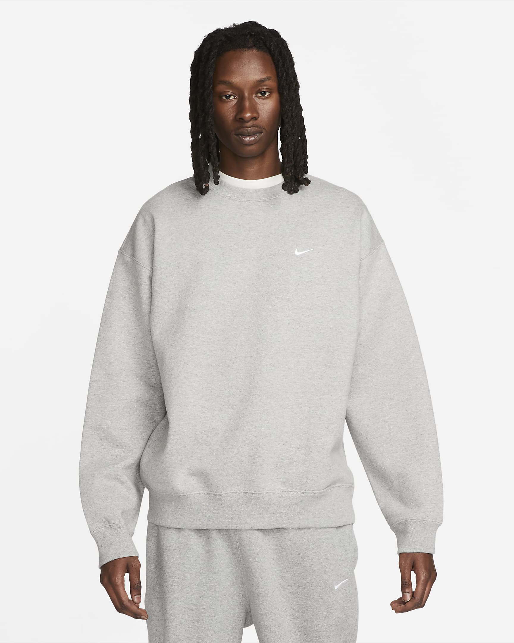 Fleecetröja med rund hals Nike Solo Swoosh för män - Dark Grey Heather/Vit