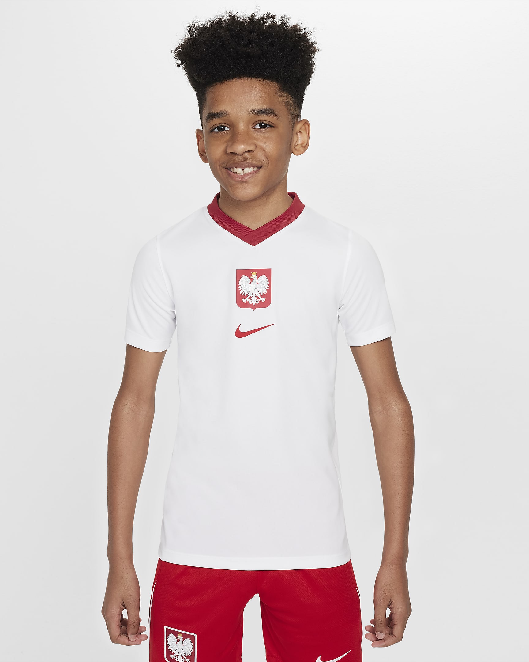 Polen 2024/25 Home Nike Dri-FIT Fußball-Kurzarmshirt für ältere Kinder - Weiß/Sport Red/Sport Red