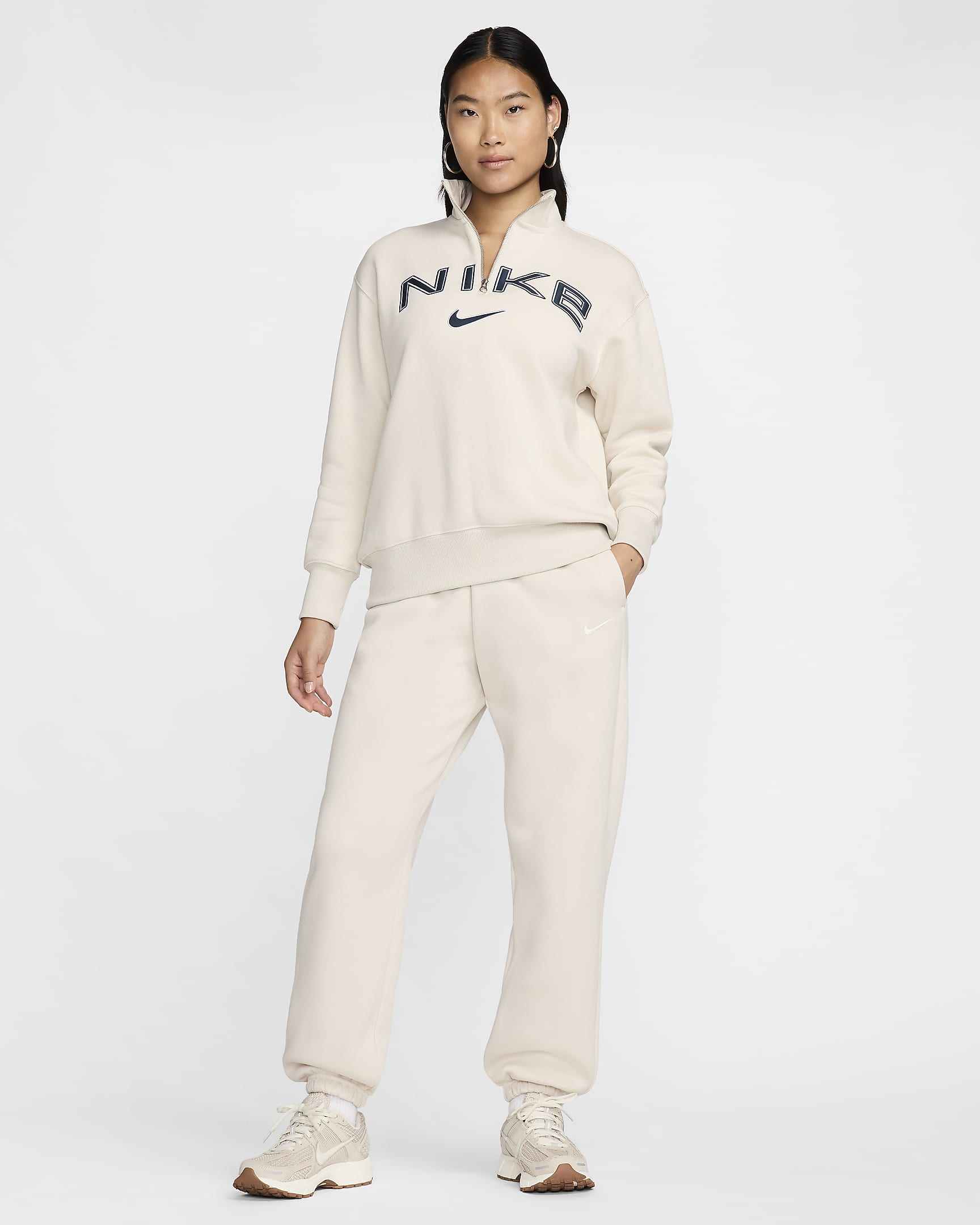 Nike Sportswear Phoenix Fleece Women's Oversized 1/4-Zip Logo Top - Light Orewood Brown/White/Armoury Navy