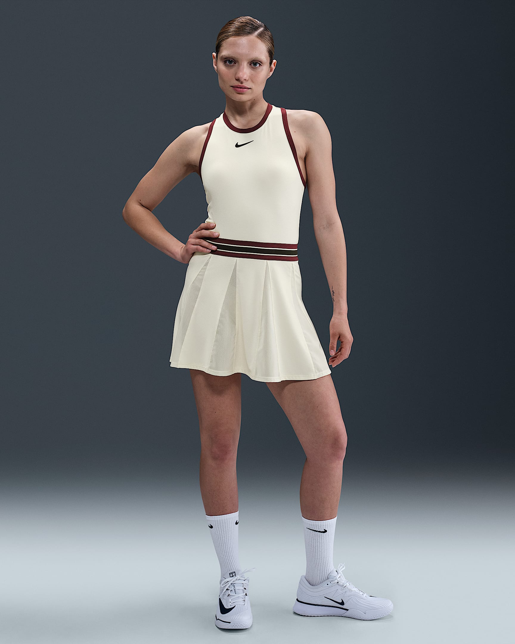NikeCourt Slam Women's Dri-FIT Tennis Dress - Pale Ivory/Dark Team Red/Dark Team Red/Black