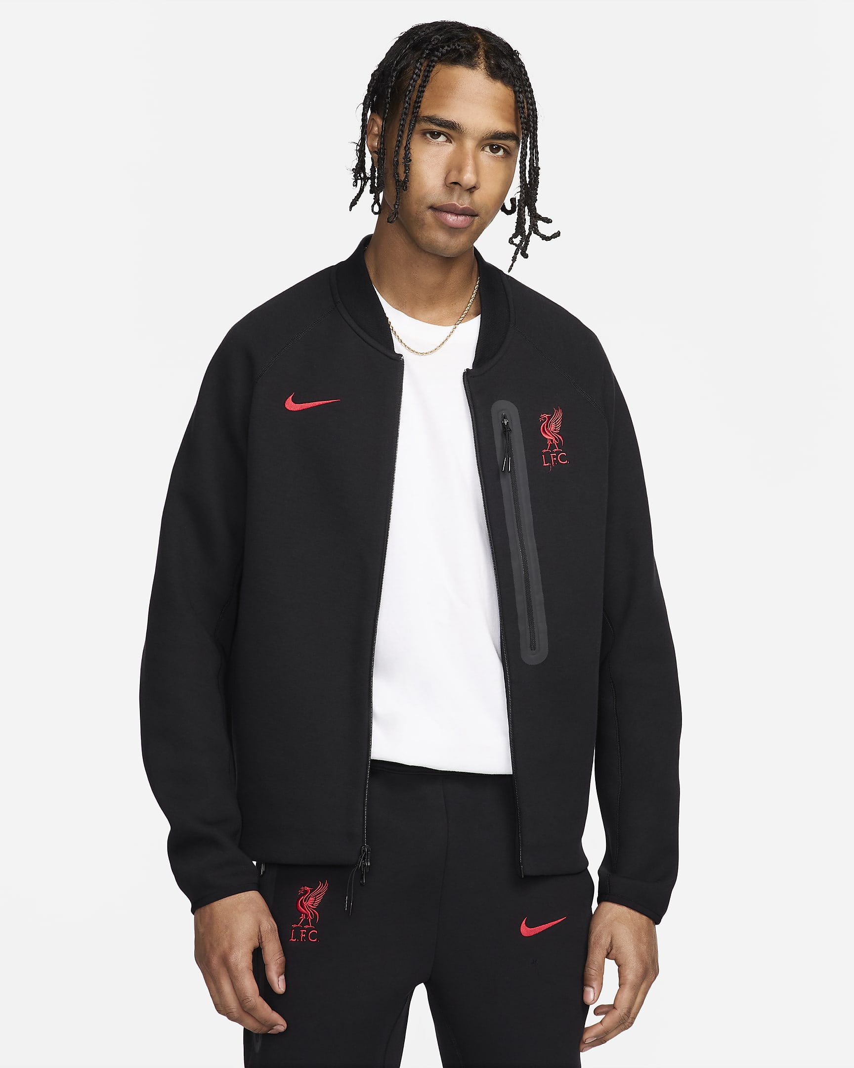 Liverpool F.C. Tech Fleece Men's Nike Football Jacket - Black/Black/Gym Red