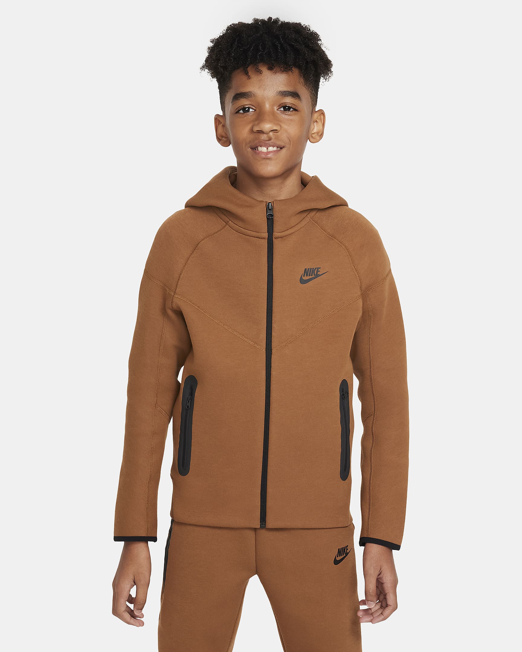 Nike Sportswear Tech Fleece Big Kids' (Boys') Full-Zip Hoodie - Light British Tan/Black/Black