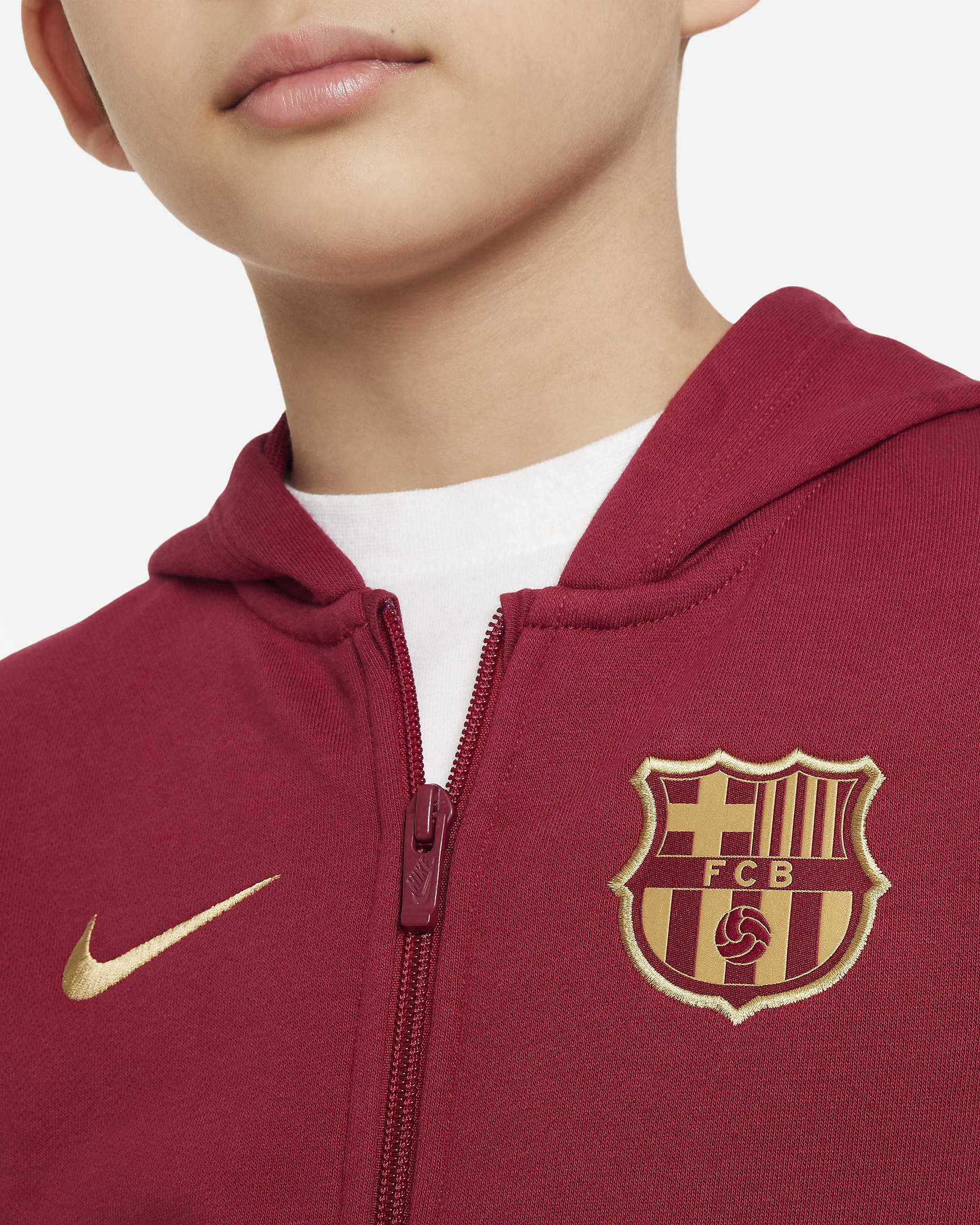 F.C. Barcelona Club Older Kids' (Boys') Nike Football Full-Zip Hoodie - Noble Red/Club Gold
