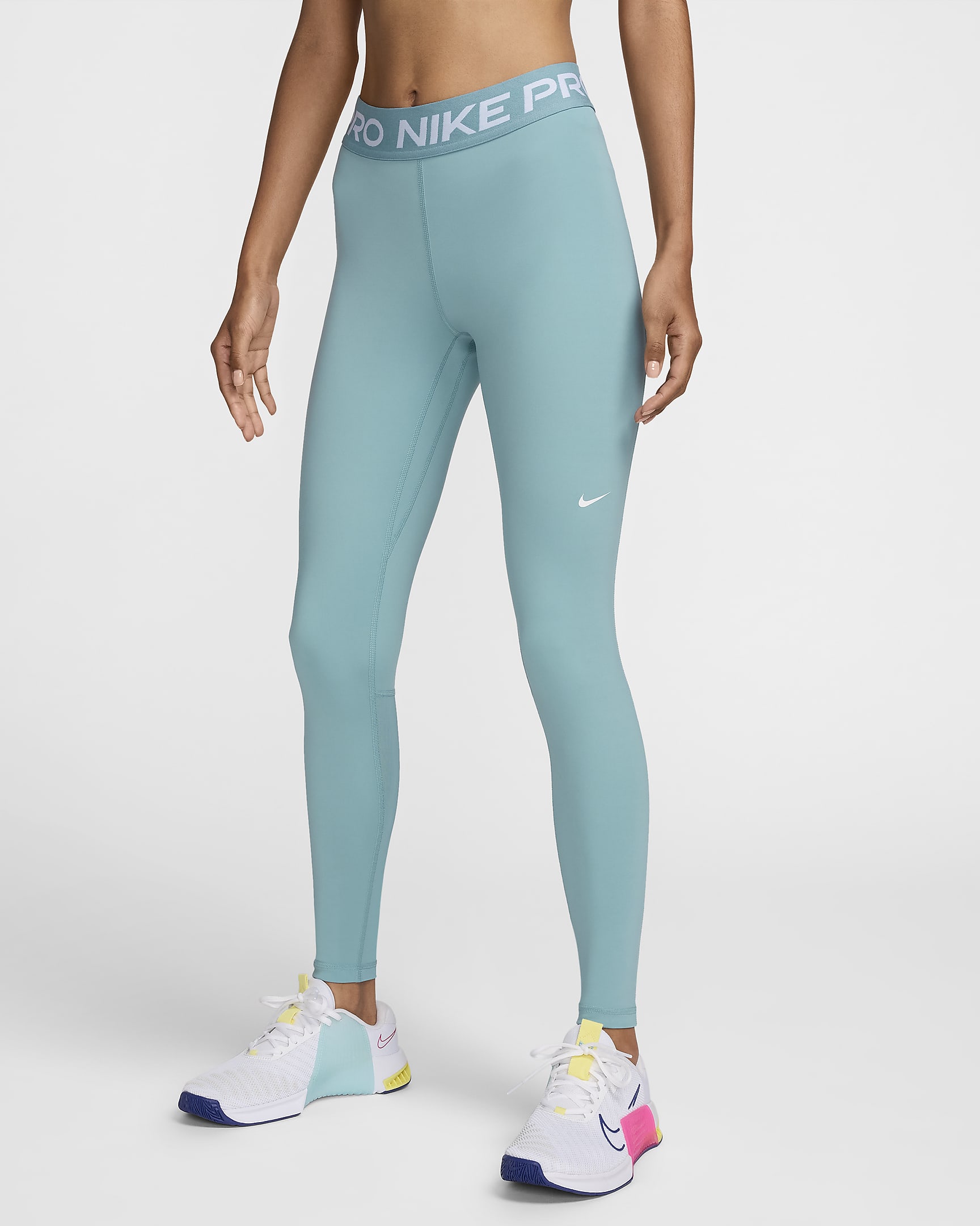 Nike Pro Women's Mid-Rise Mesh-Panelled Leggings - Denim Turquoise/White